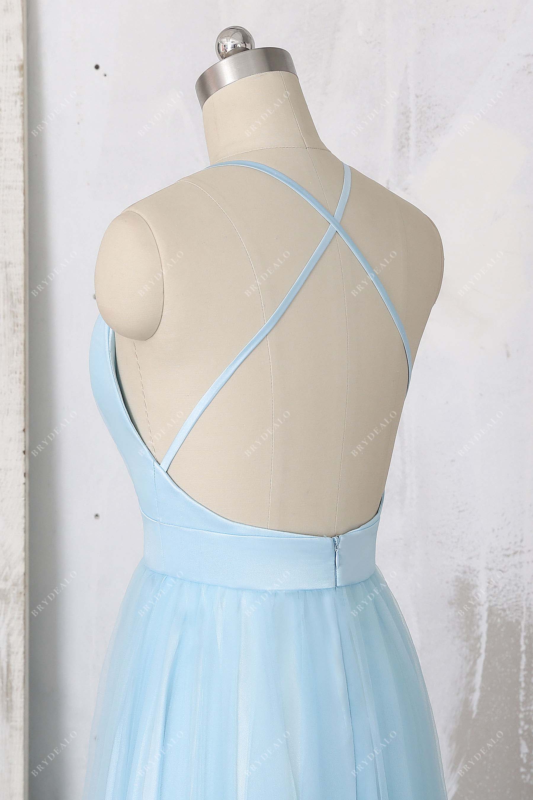 crisscross back sky blue prom dress