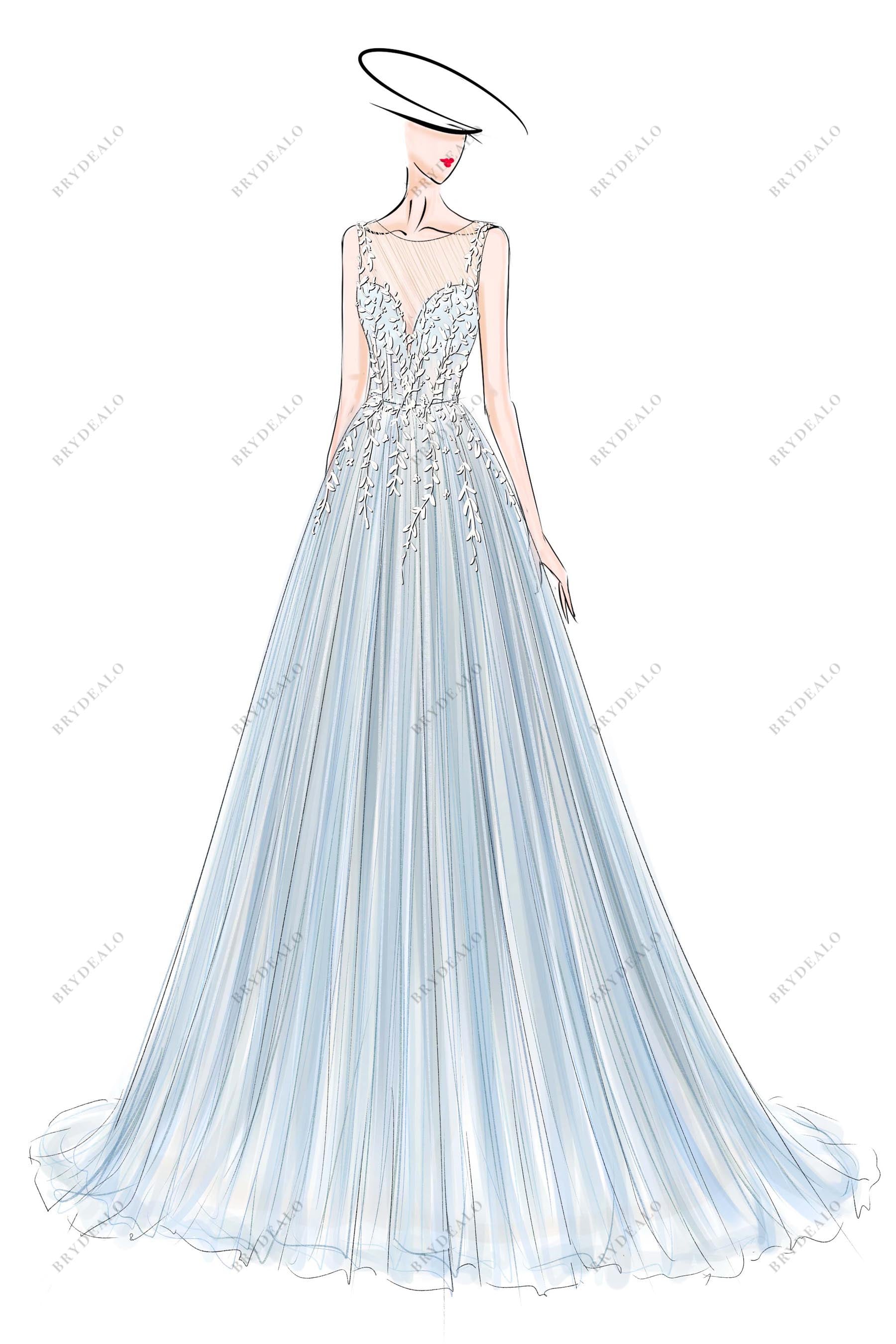 custom blue lace tulle wedding dress sketch
