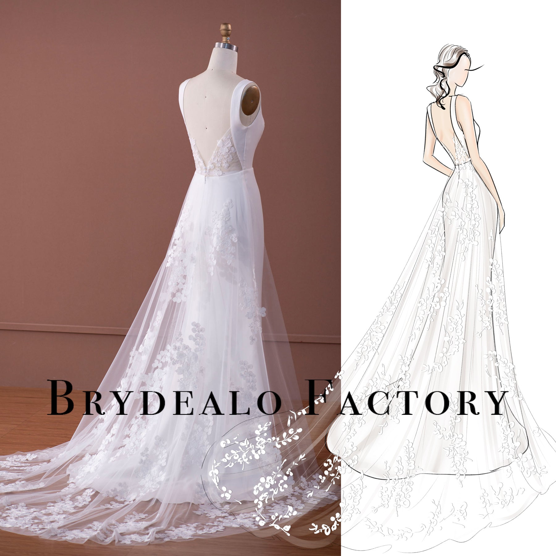 Custom Crepe Mermaid Wedding Dress with Lace Panel Train