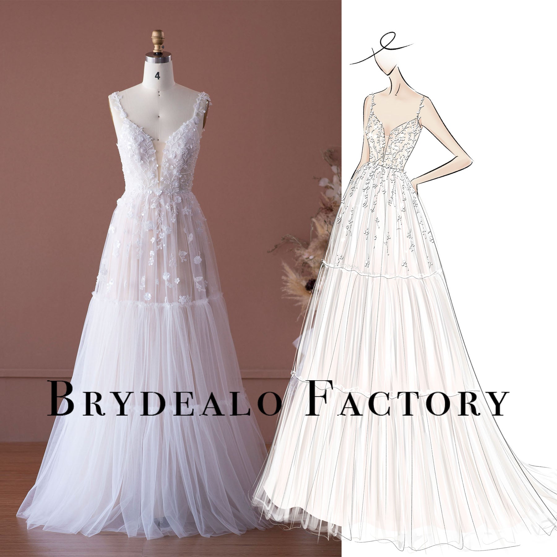 Custom Fairy Flower Lace Tiered A-line Wedding Dress