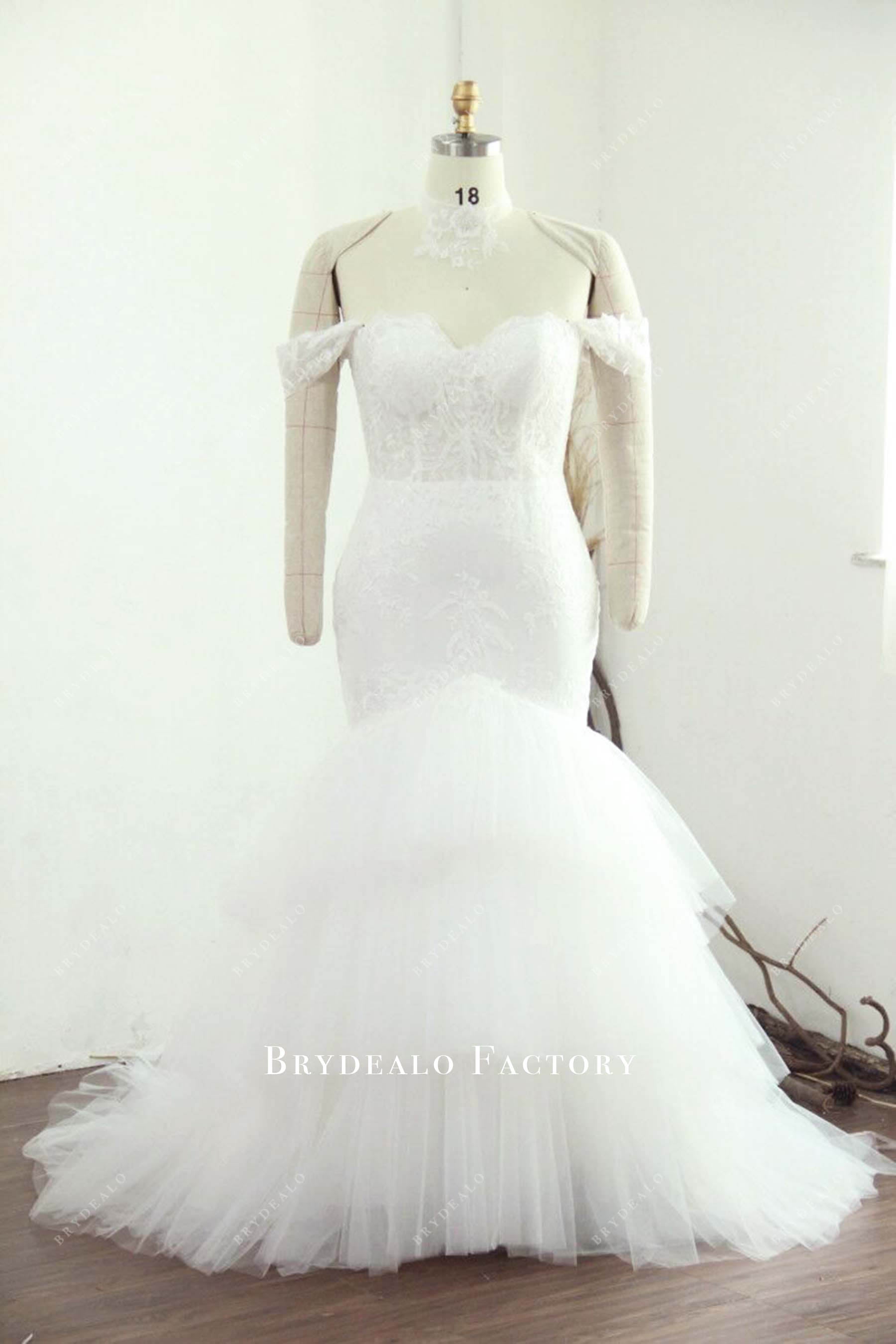 custom off-shoulder lace trumpet wedding dress
