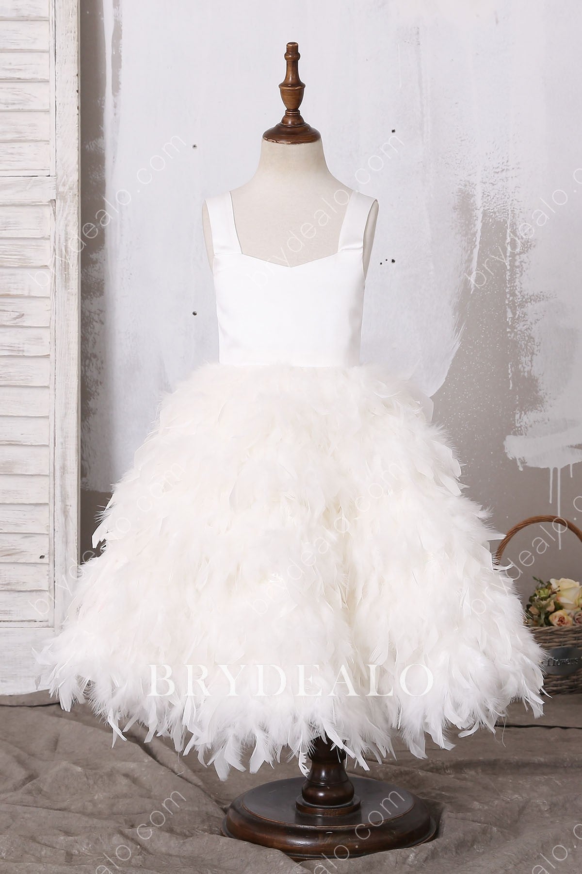 Designer Feather Tea Length Flower Girl Dress