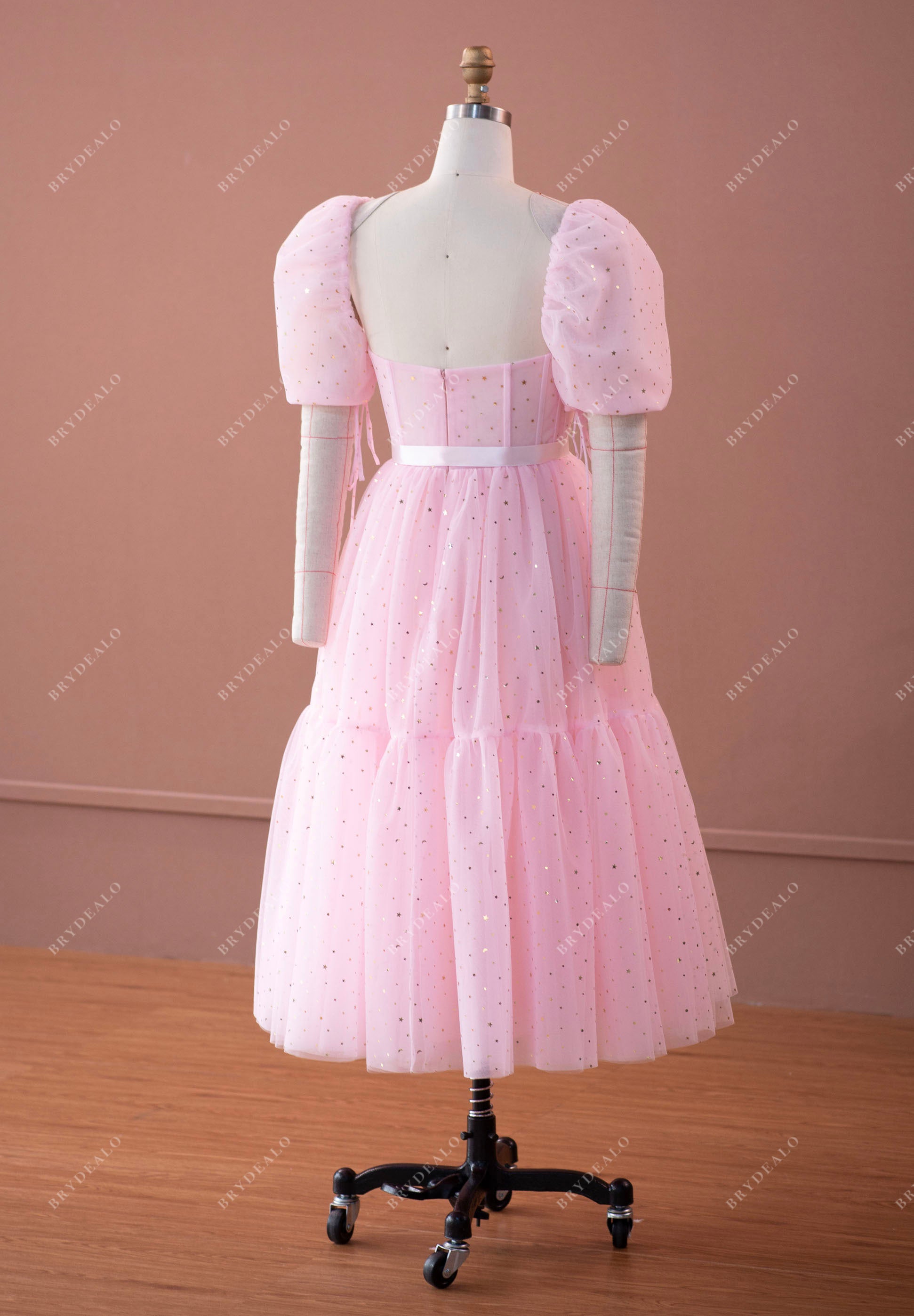 cute bubble sleeve corset pink prom formal gown for wholesale 