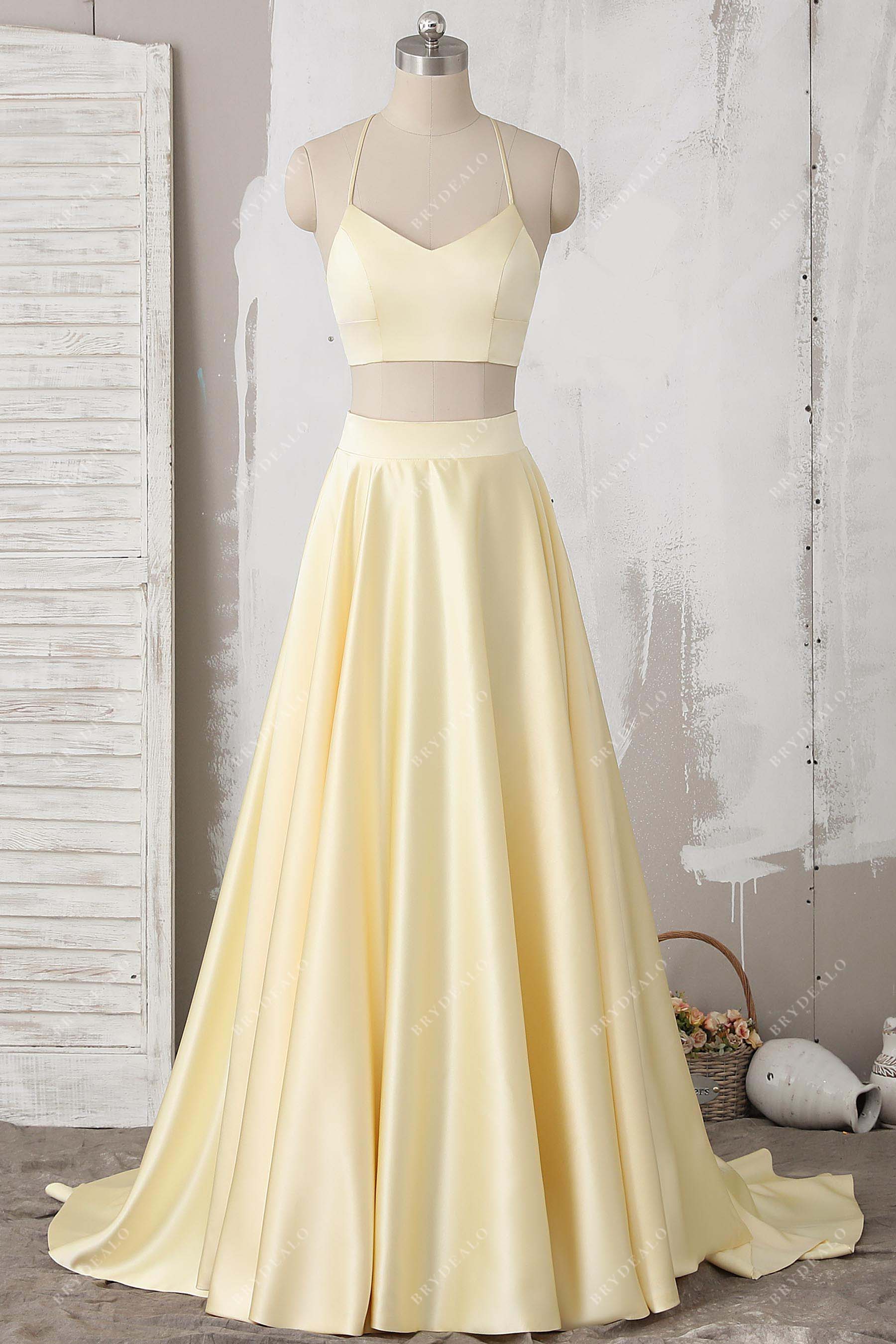 daffodil yellow satin two-piece prom dress