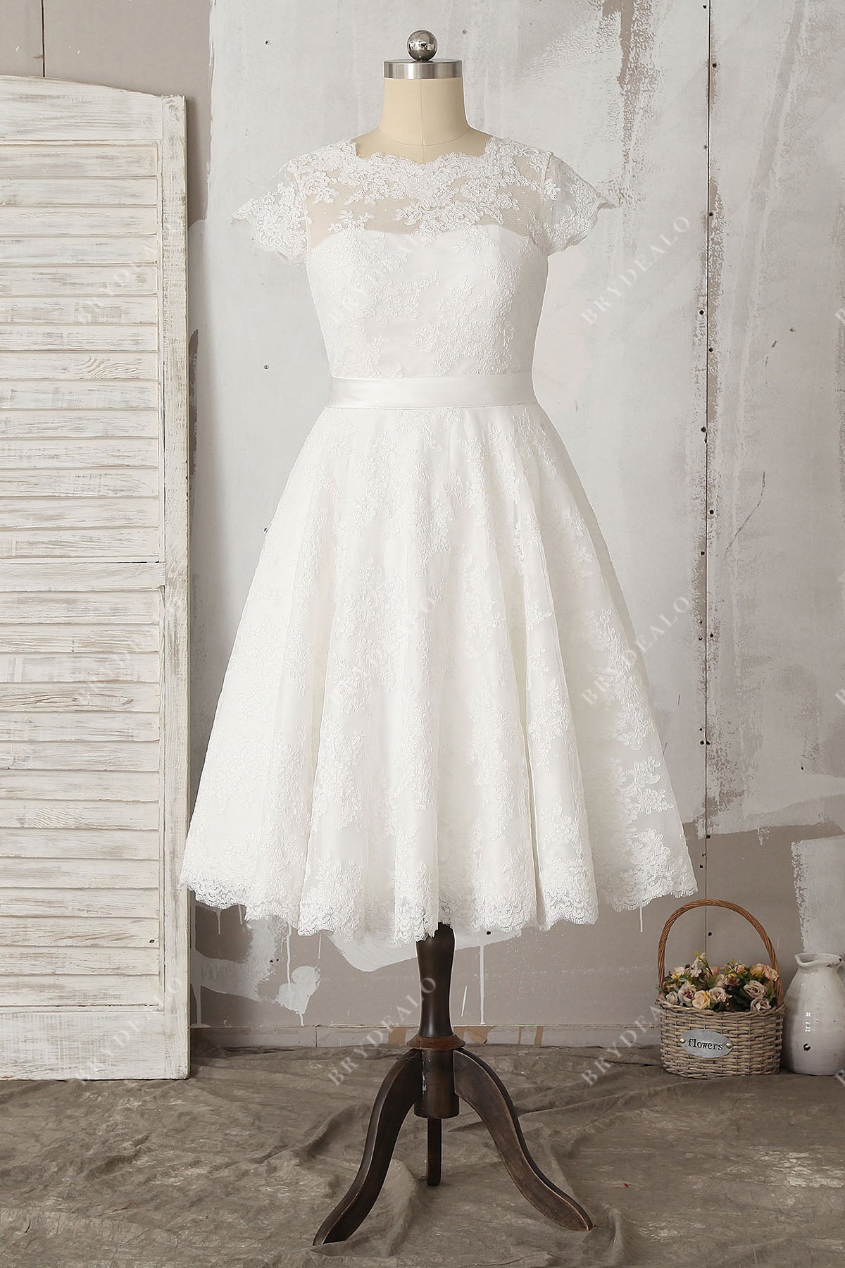 delicate lace cap sleeve illusion tea length A-line wedding dress
