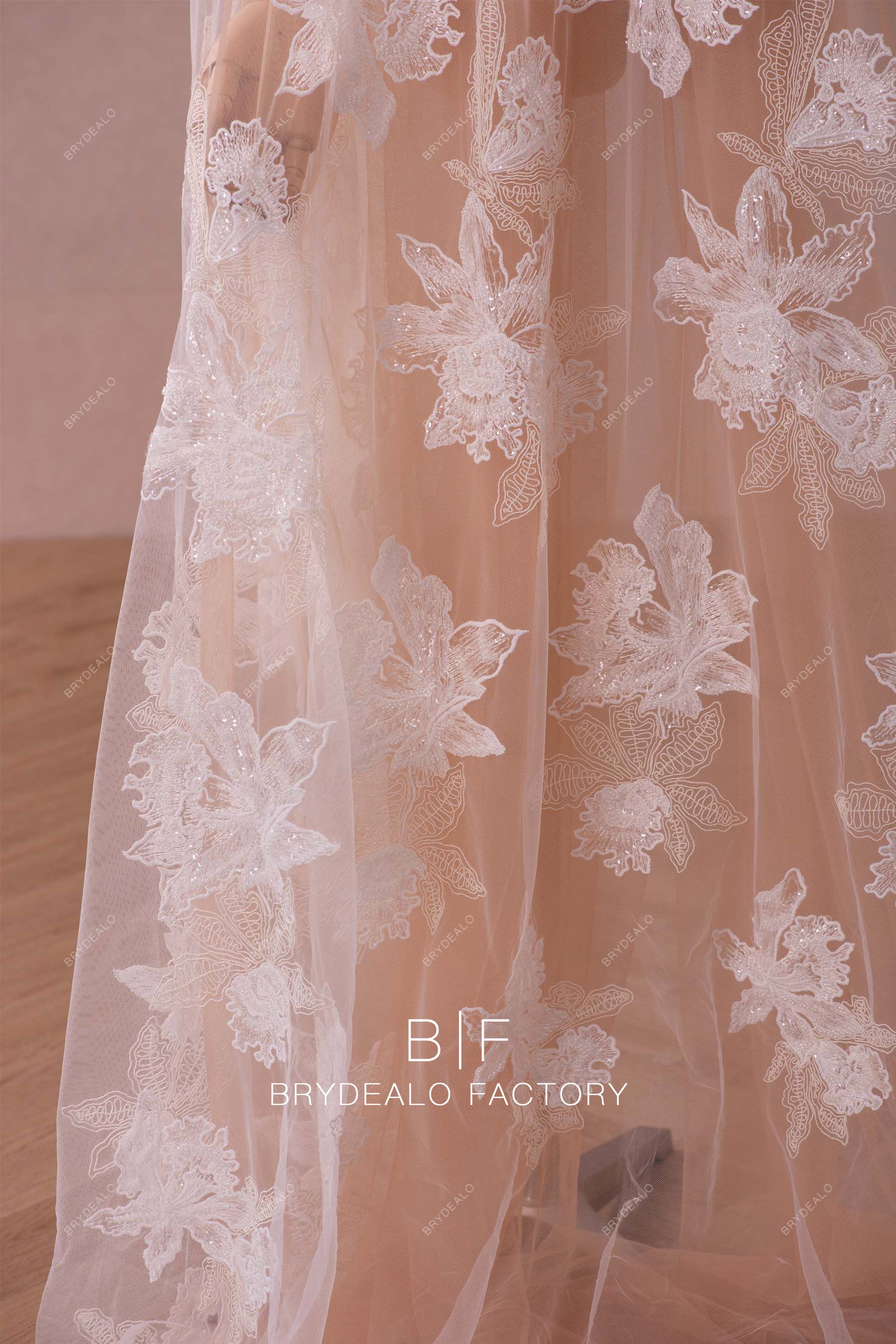 designer beaded flower lace fabric