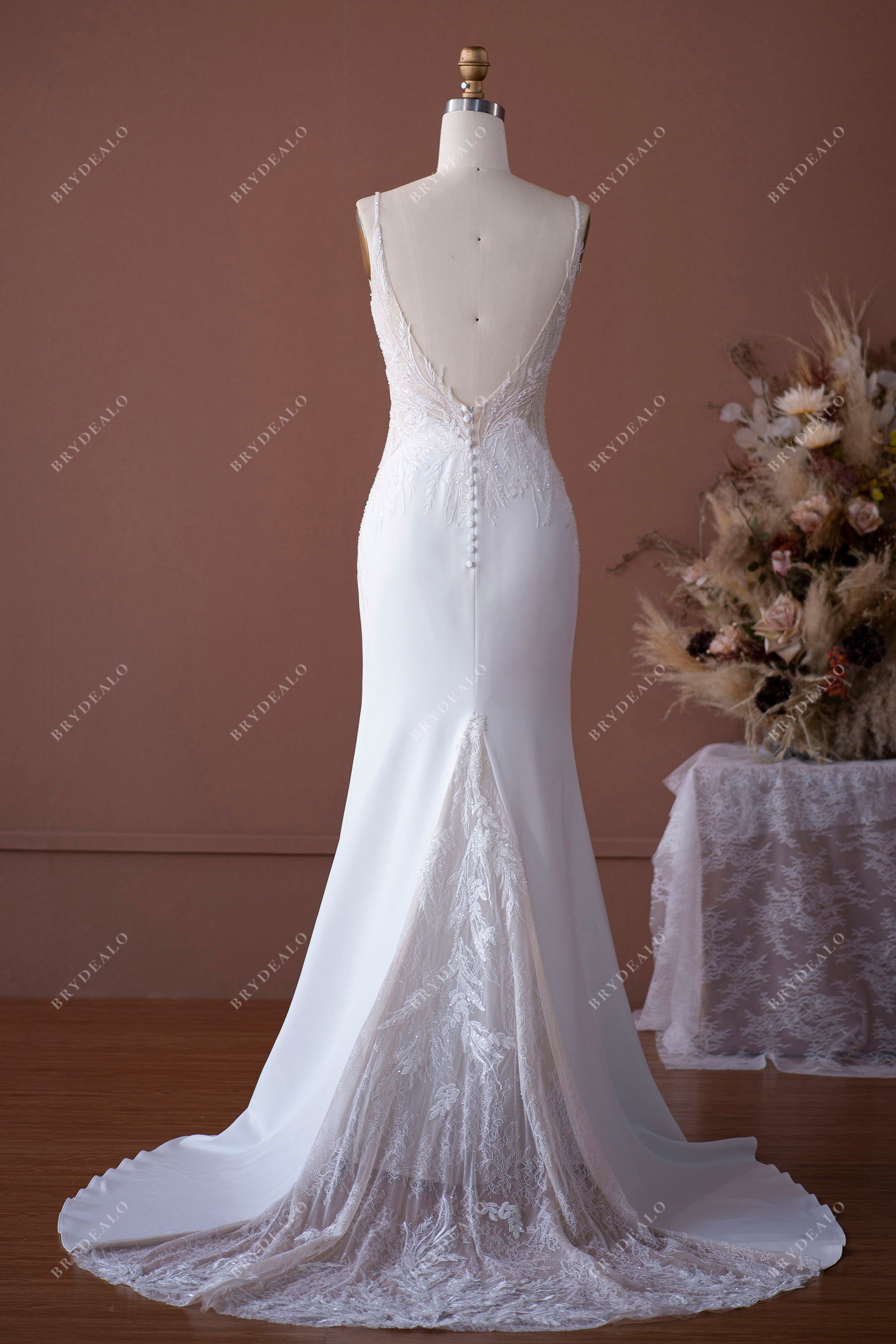 Beaded Lace Plunge Mermaid Wedding Dress