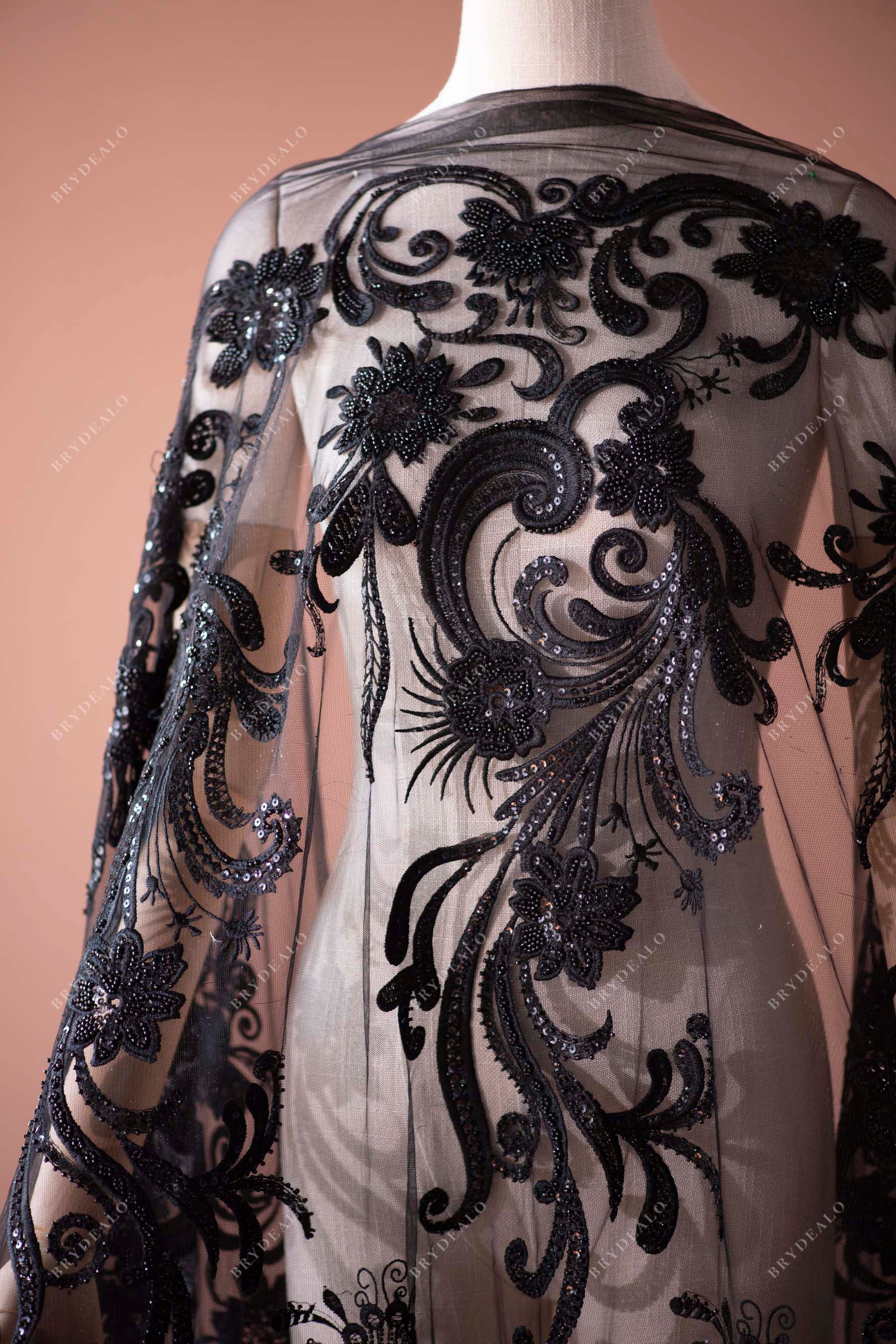 designer black beaded embroidery botanic lace fabric