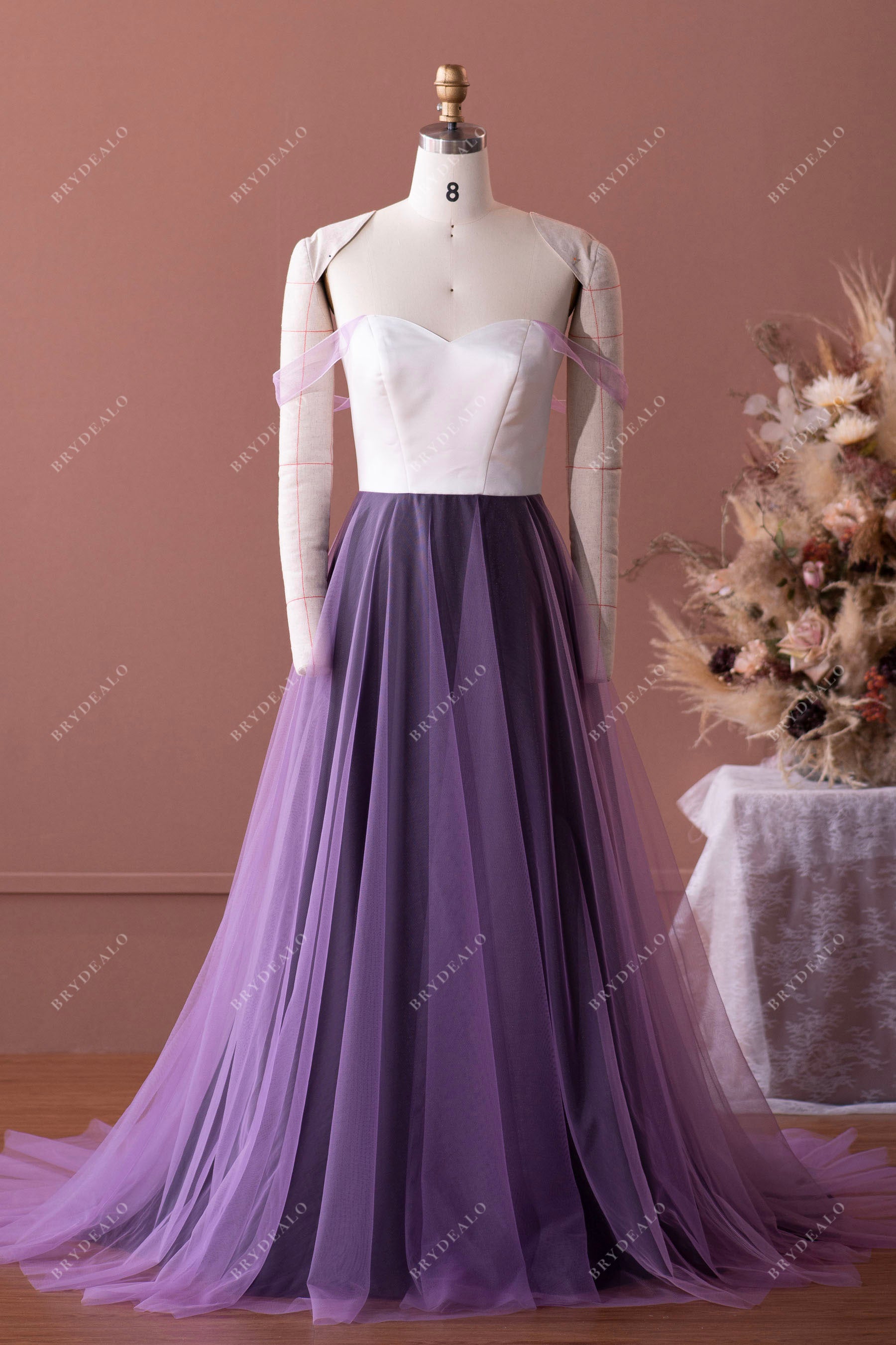 designer custom off-shoulder A-line wedding dress mockup