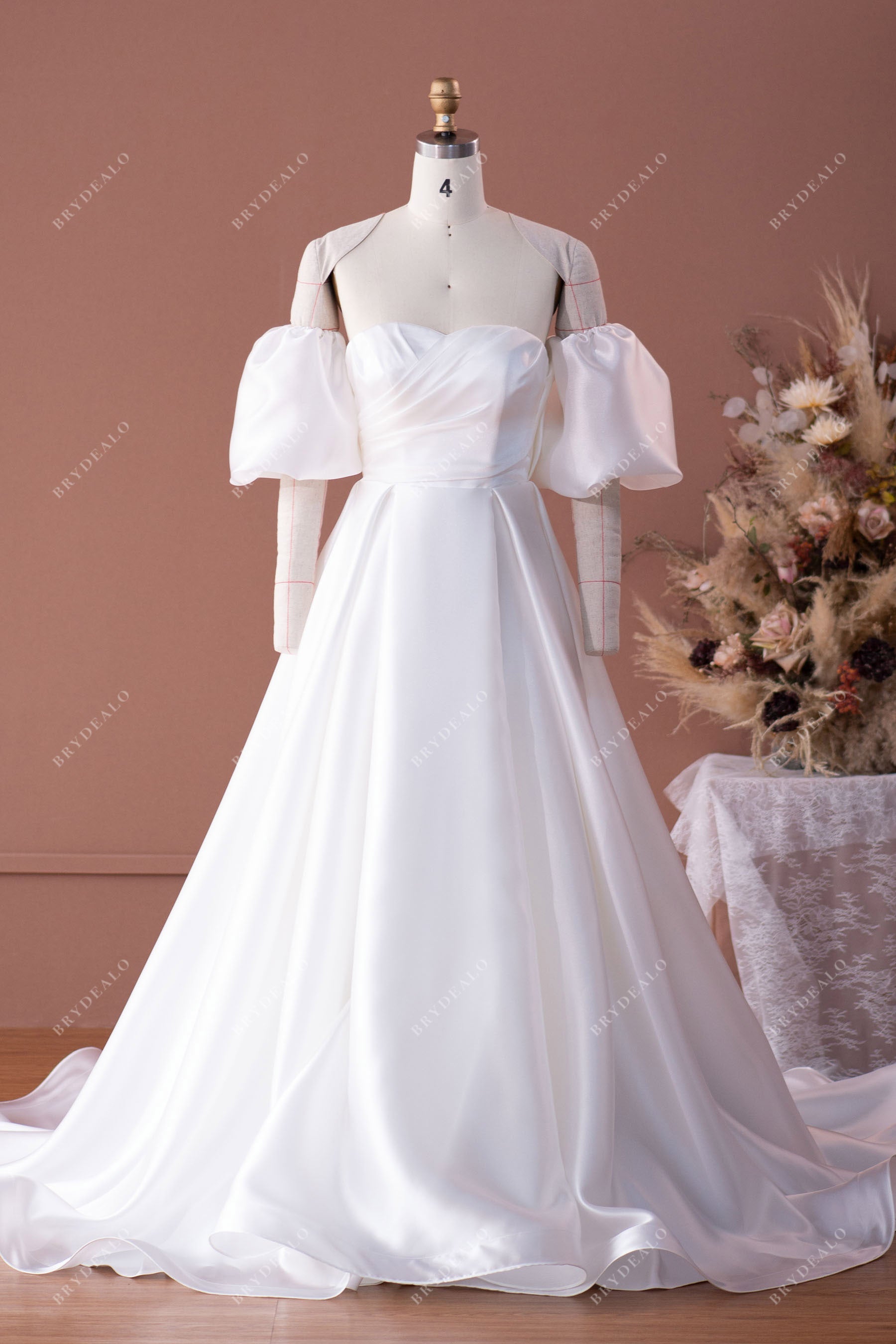 designer organza off-shoulder A-line bridal dress