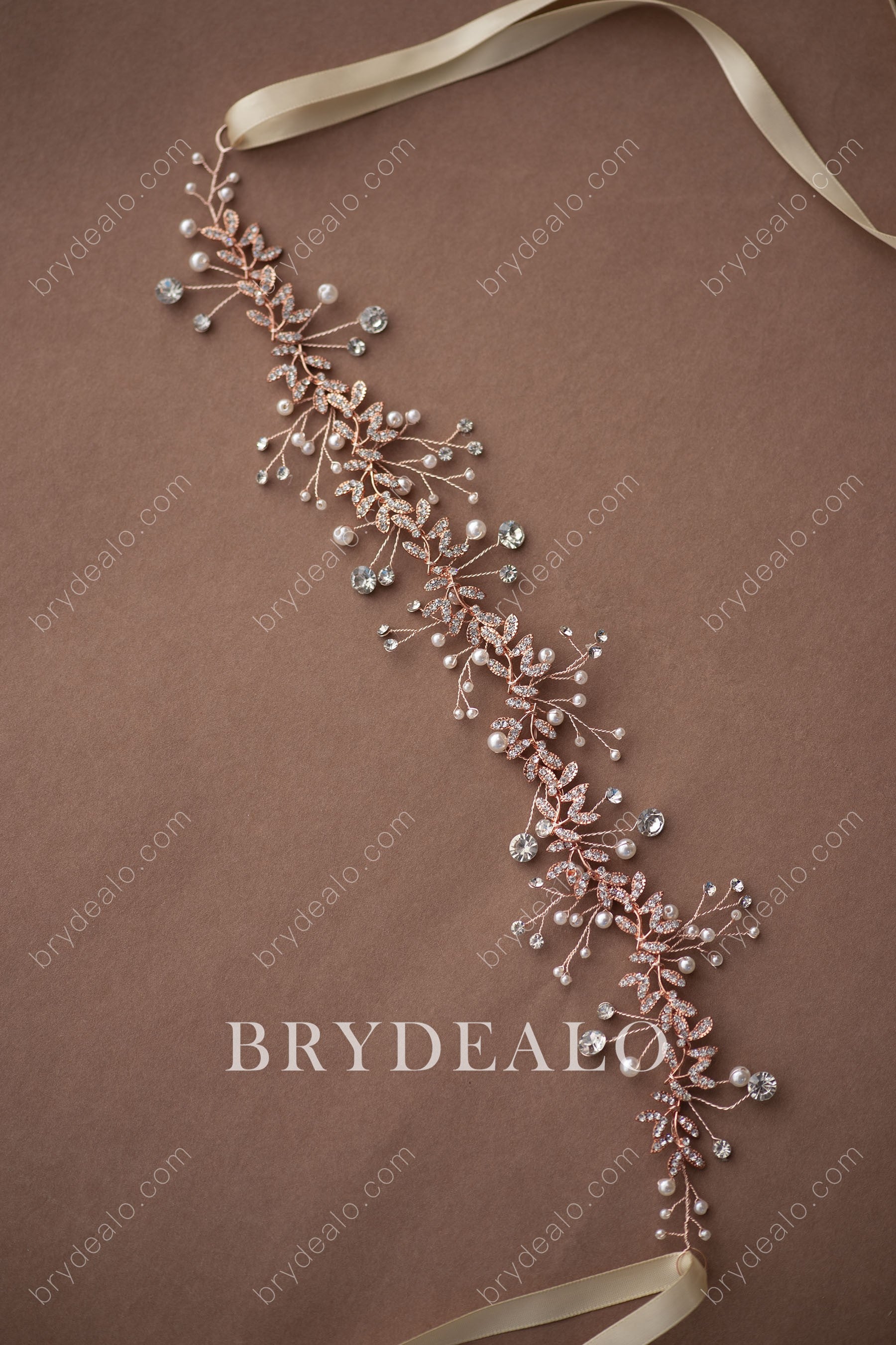 Designer Pearls Crystals Rose Gold Bridal Sash for Wholesale