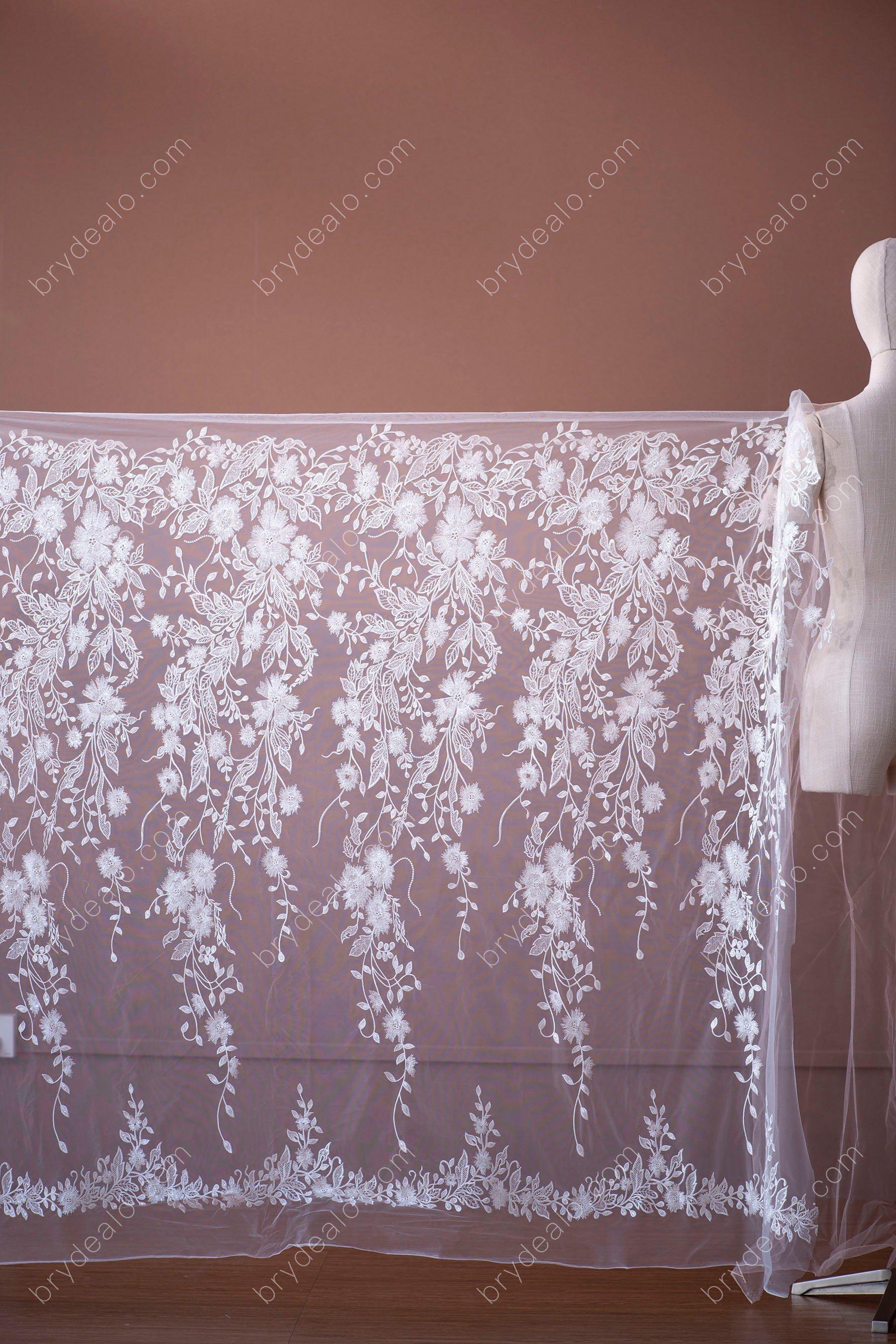 Designer Sequin Leaf Flower Bridal Lace Fabric