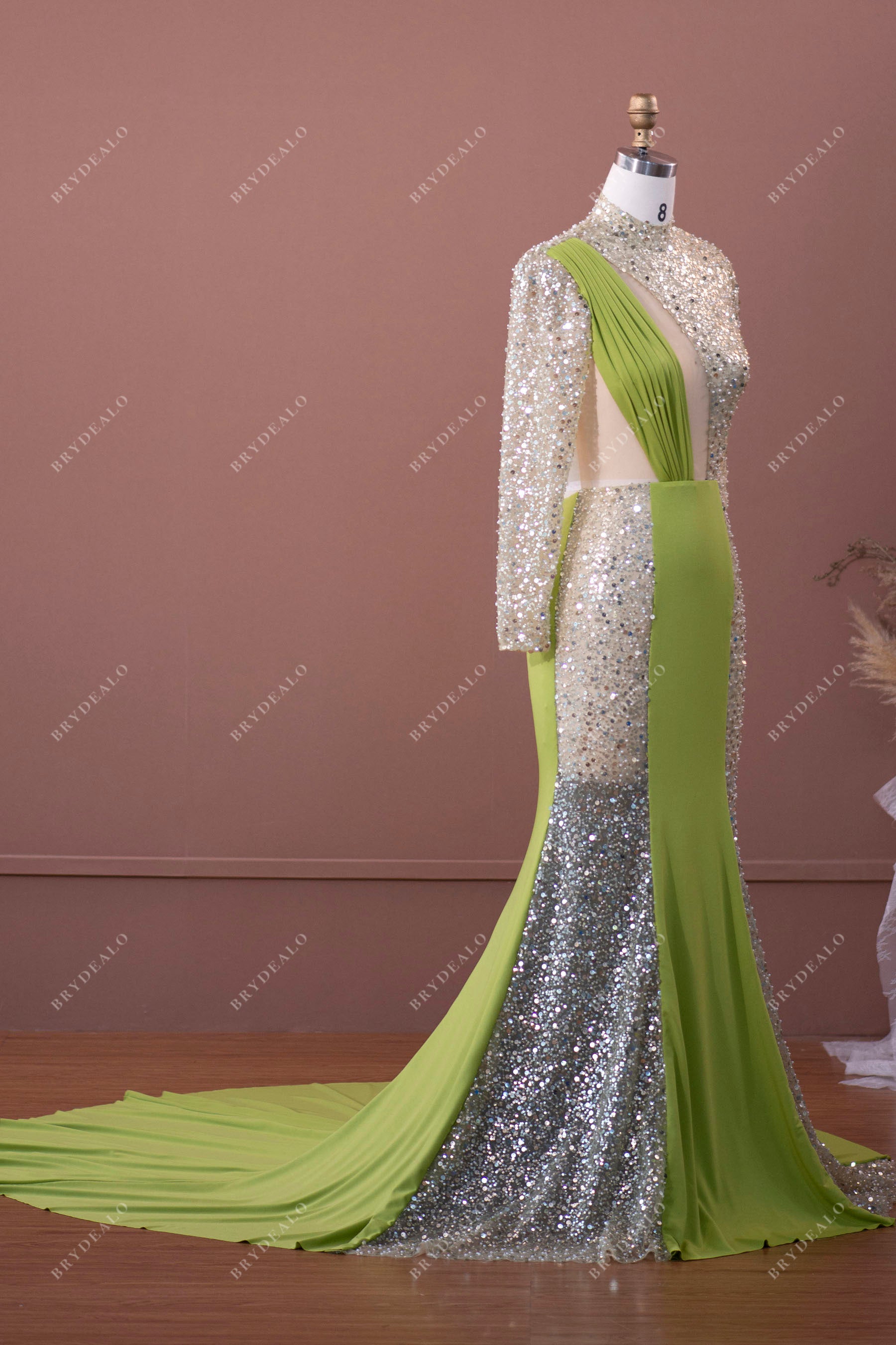 shiny glitter long sleeve high neck sparkly mermaid prom dress sample