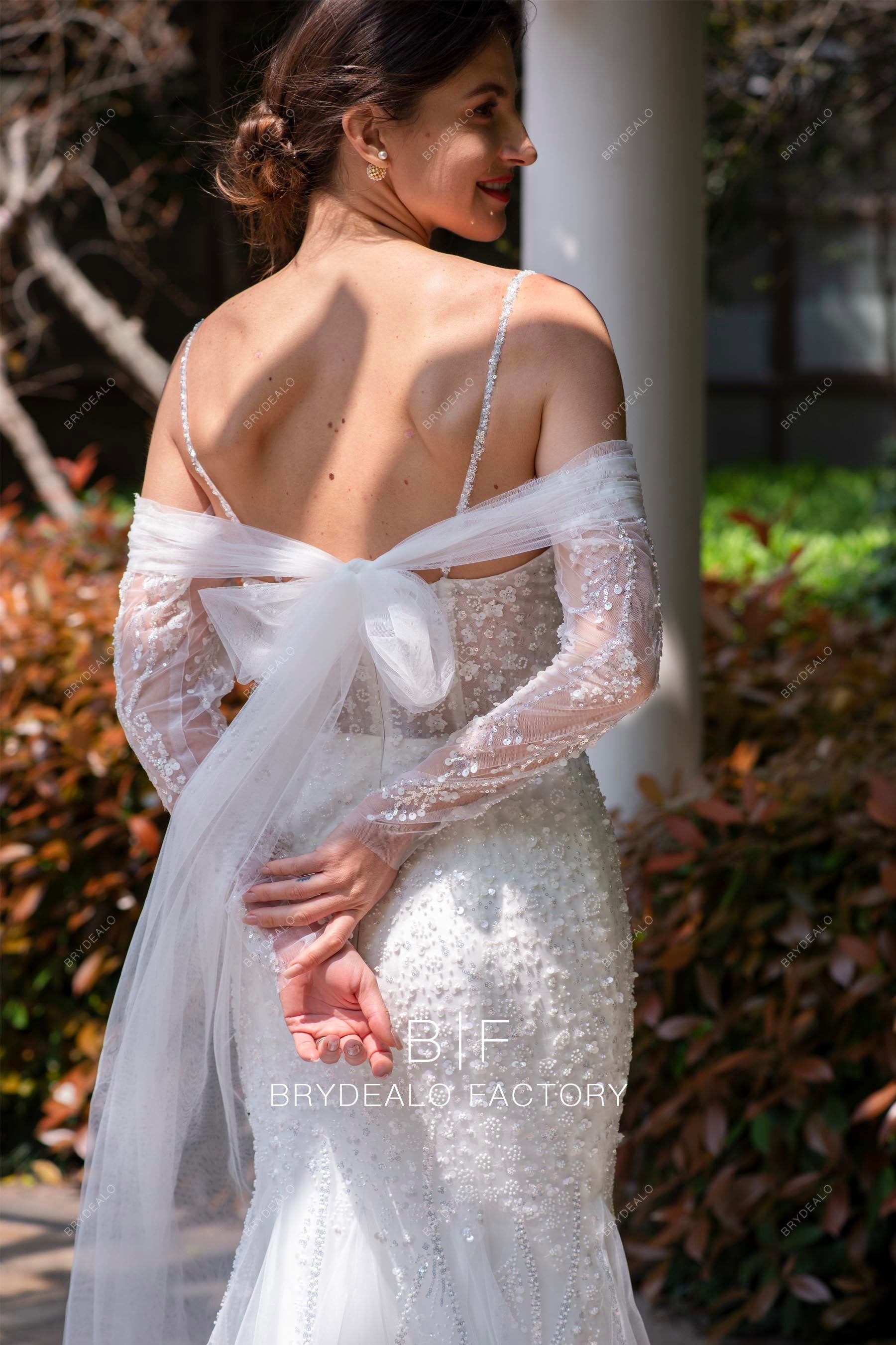 detachable long tulle panel wedding dress