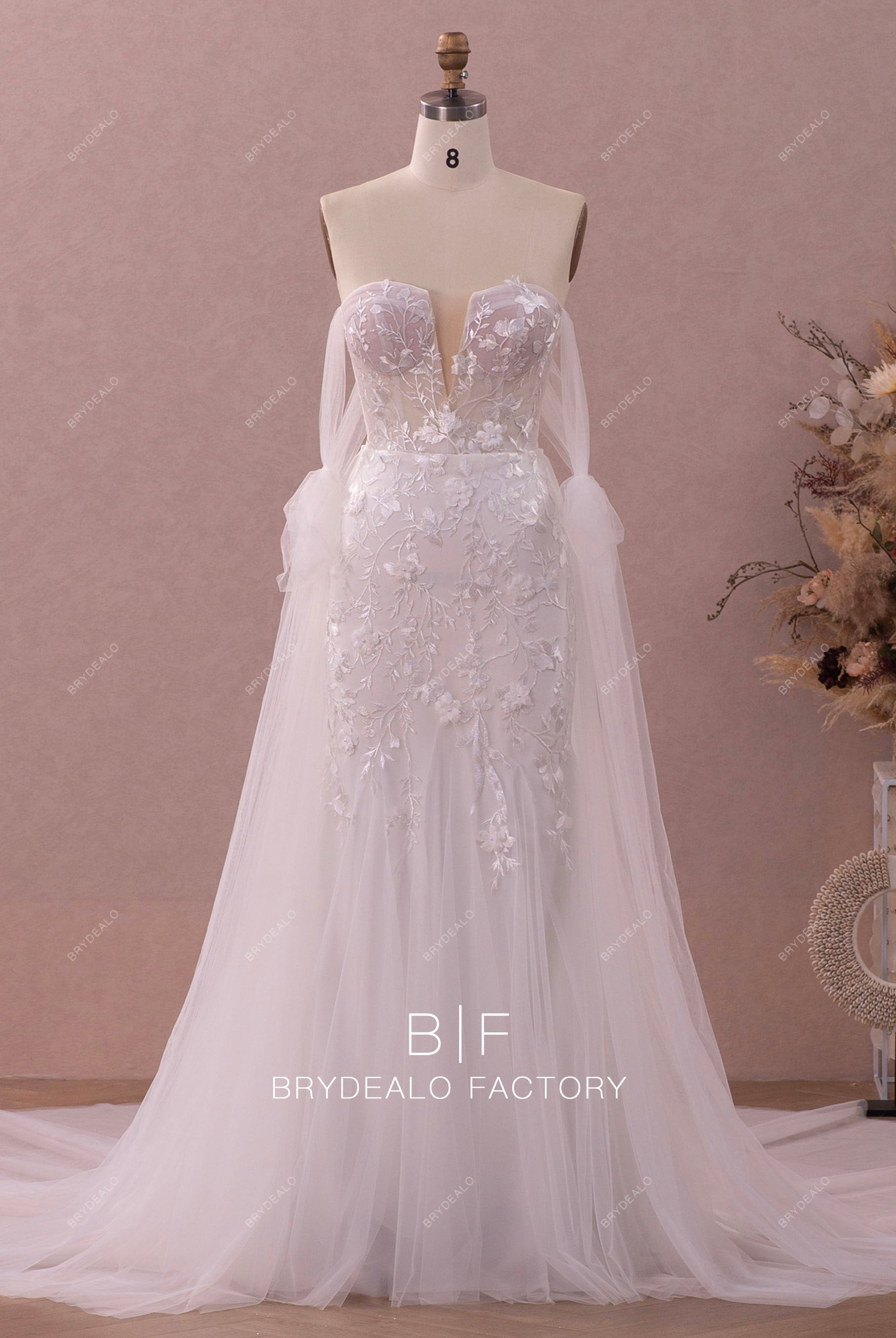 detachable overskirt sweetheart lace tulle wedding dresss