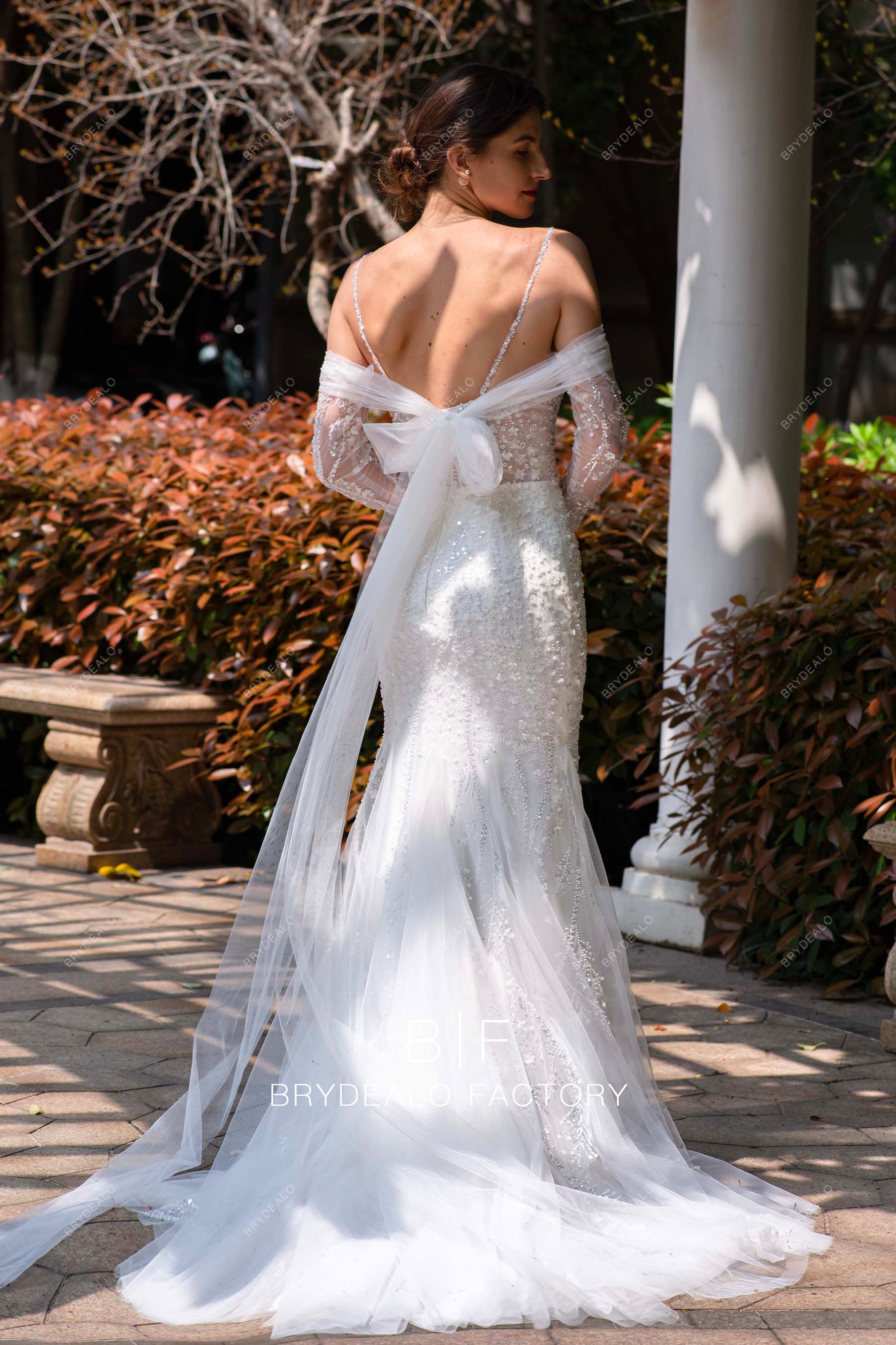 Detachable Off Shoulder Sleeve Sparkly Mermaid Wedding Dress