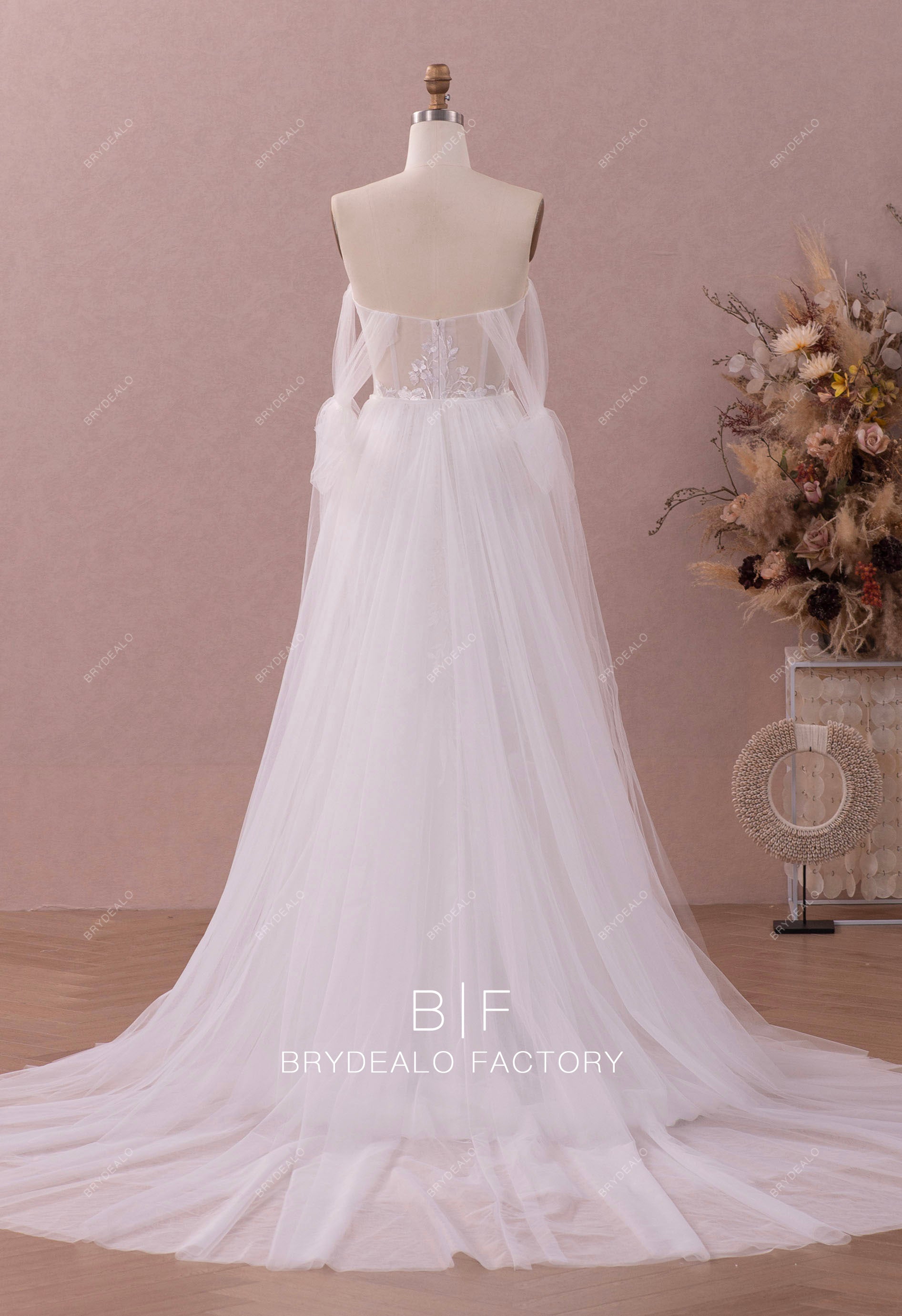 detachable tulle overskirt off shoulder panel wedding dress