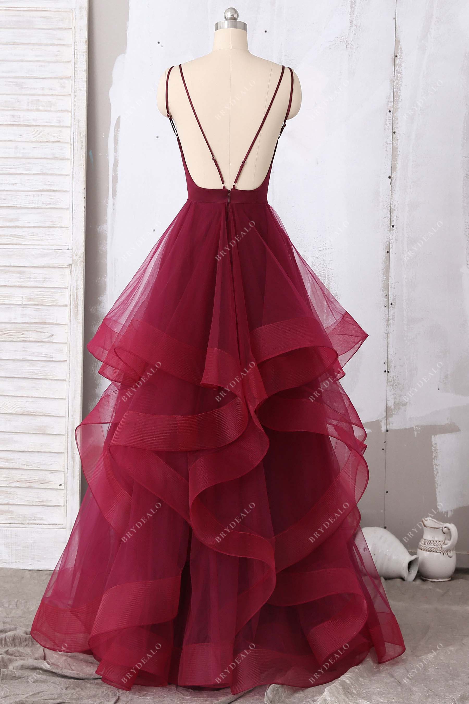 double spaghetti straps burgundy tulle prom dress