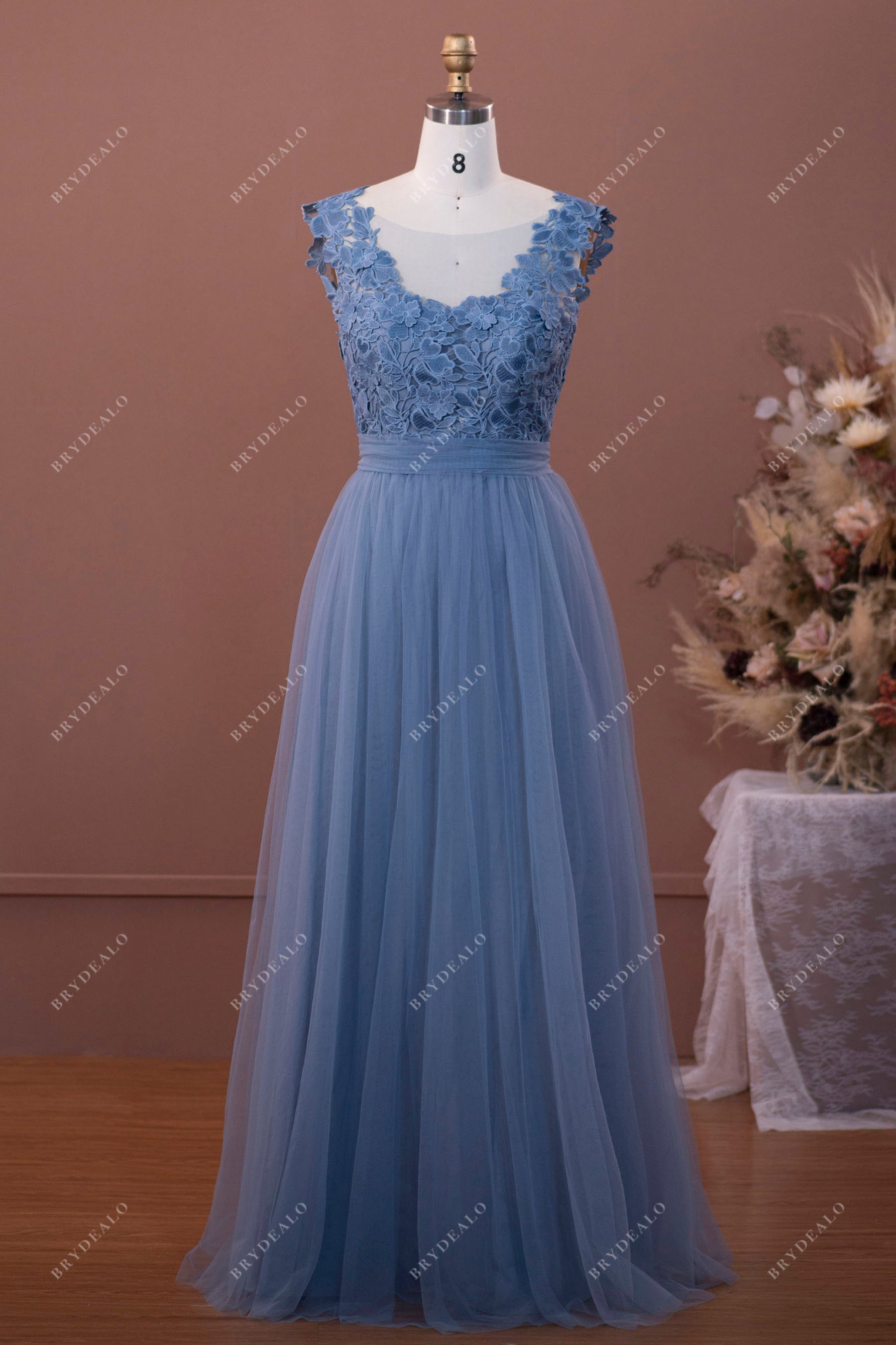 Dusty Blue Lace Tulle Illusion Neck A-line Bridesmaid Dress