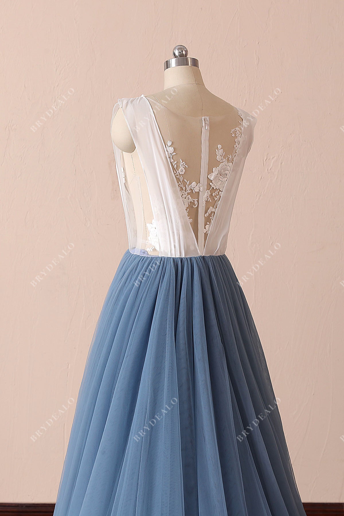dusty blue tulle illusion back wedding gown
