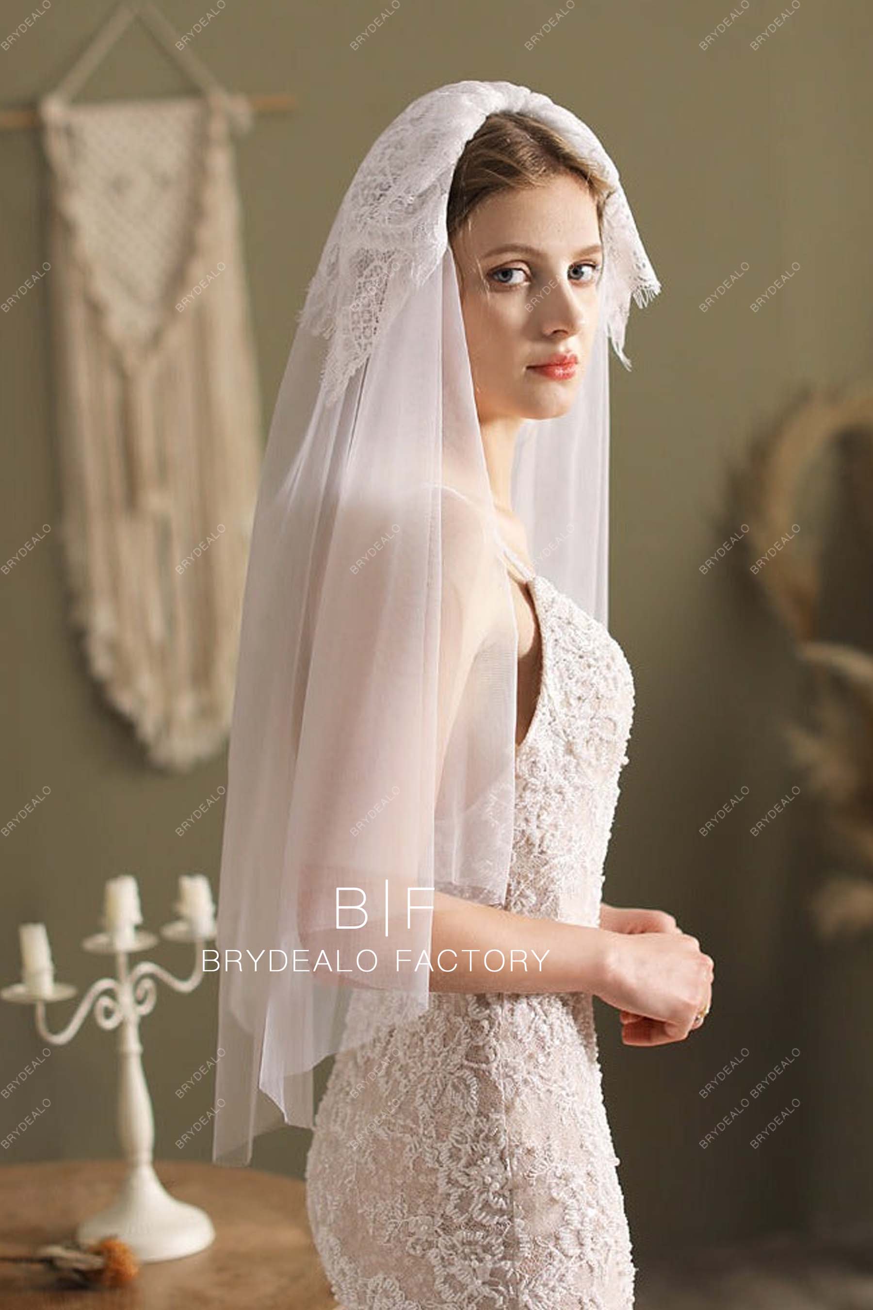 Elbow Length Wedding Veil Wholesale Lace Adorned Raw Cut Veil