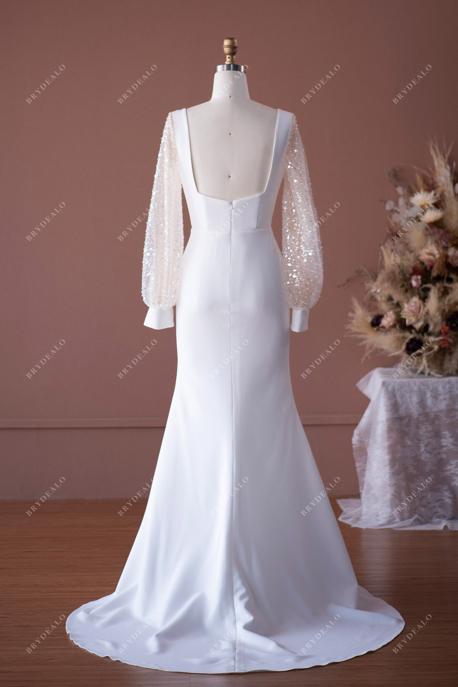 Elegant Beaded Sleeve Open Back Mermaid Crepe Wedding Dress