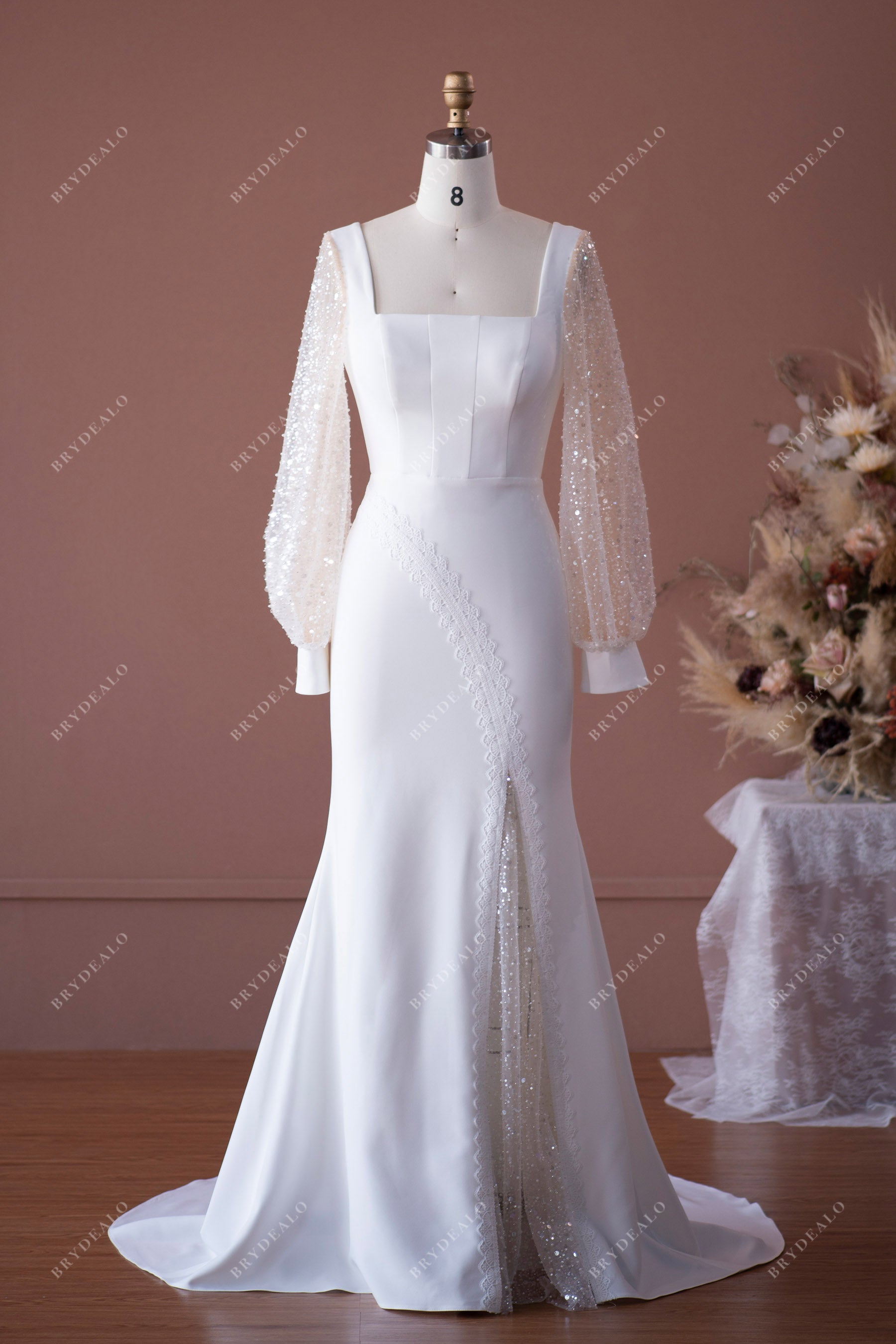 Elegant Beaded Sleeve Mermaid Crepe Wedding Dress Sample