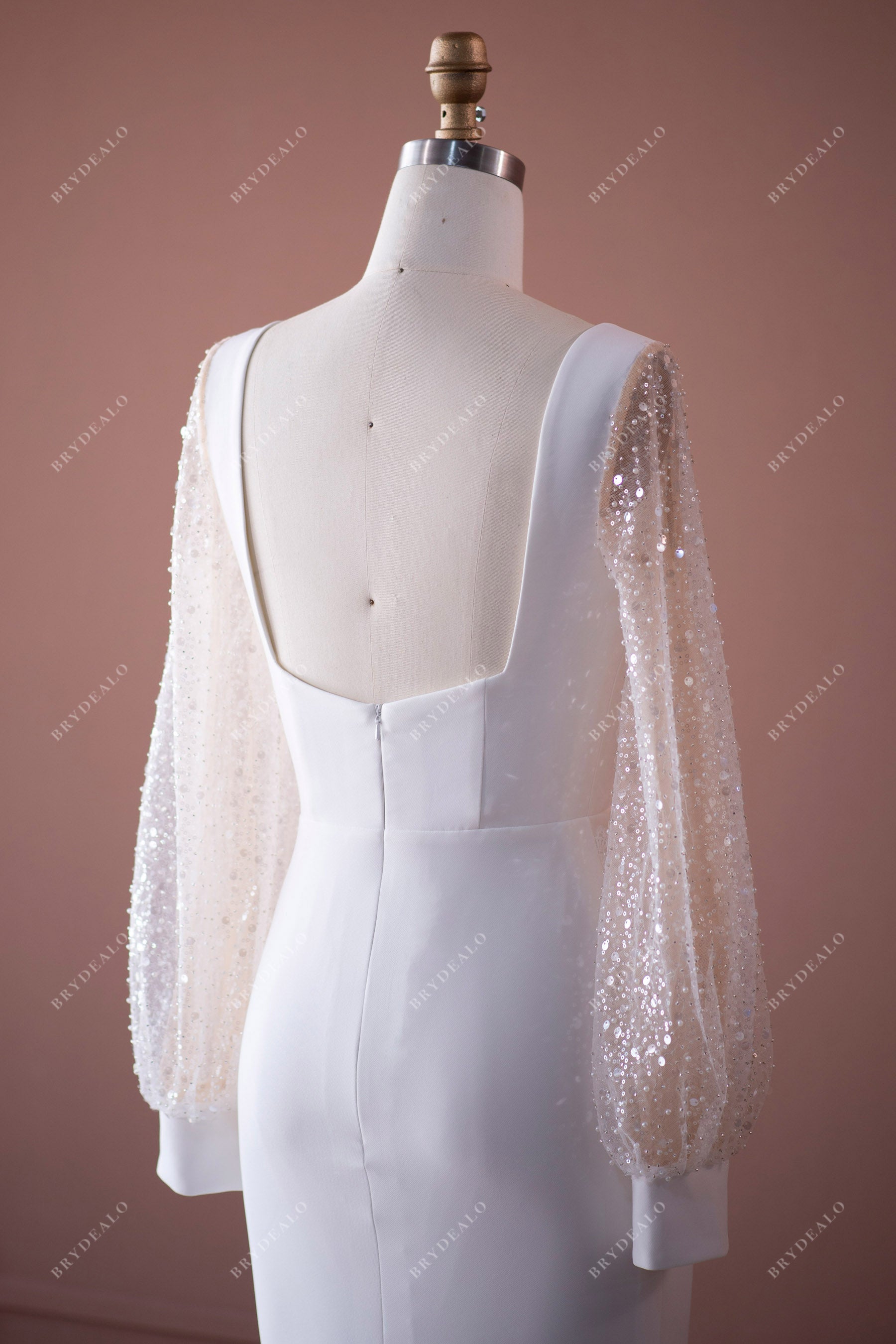 Elegant Beaded Sleeve Open Back Crepe Wedding Dress