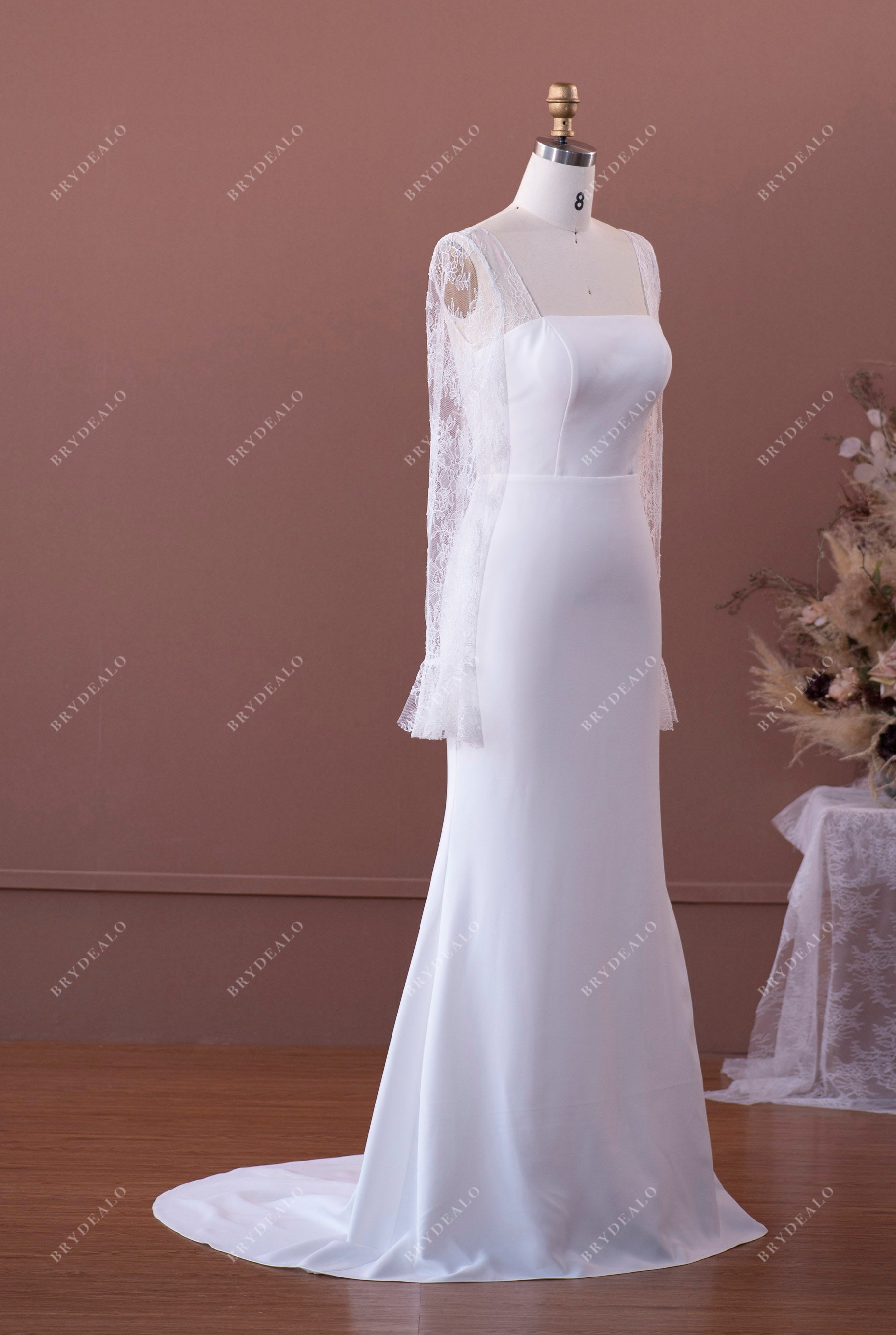 elegant illusion lace sleeve crepe mermaid bridal gown