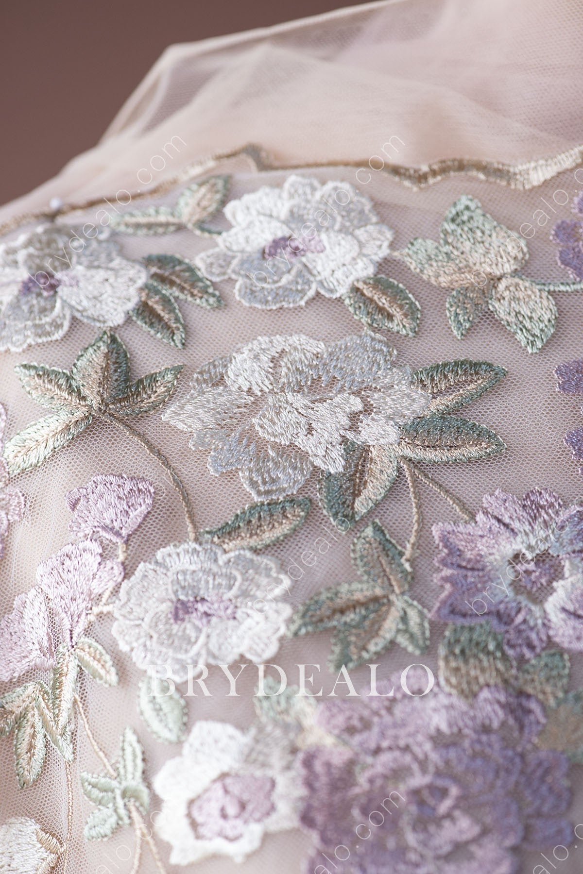 Lavender Flower Green Leaf Embroidery Lace