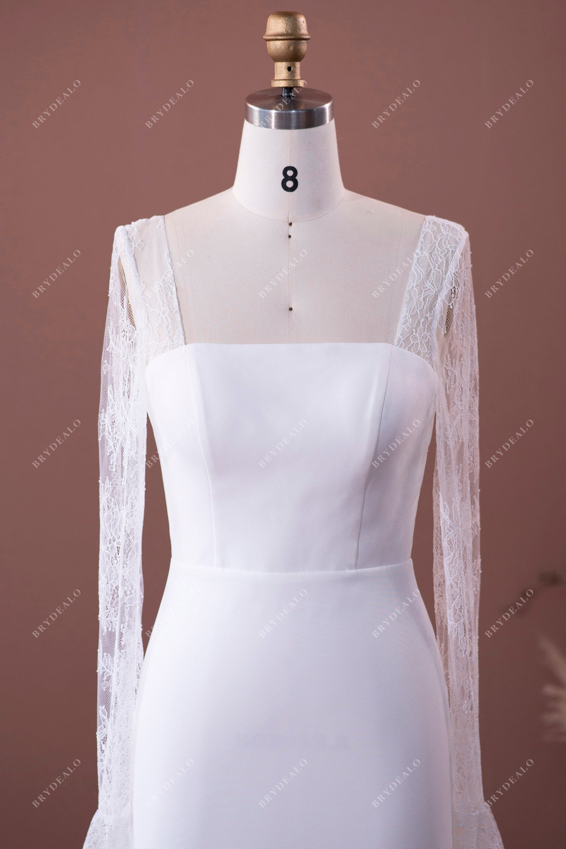 elegant long lace sleeve crepe mermaid wedding dress