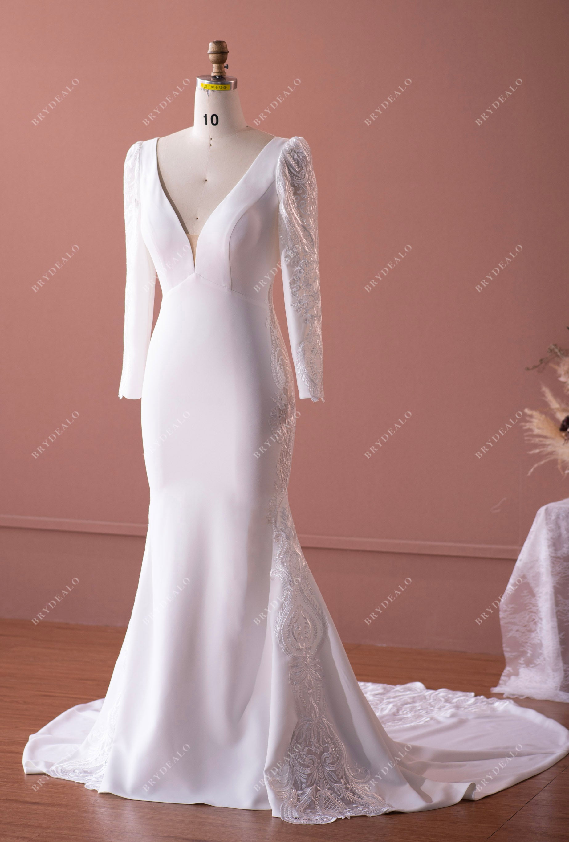 Elegant Crepe Lace Sleeved Mermaid Wedding Dress