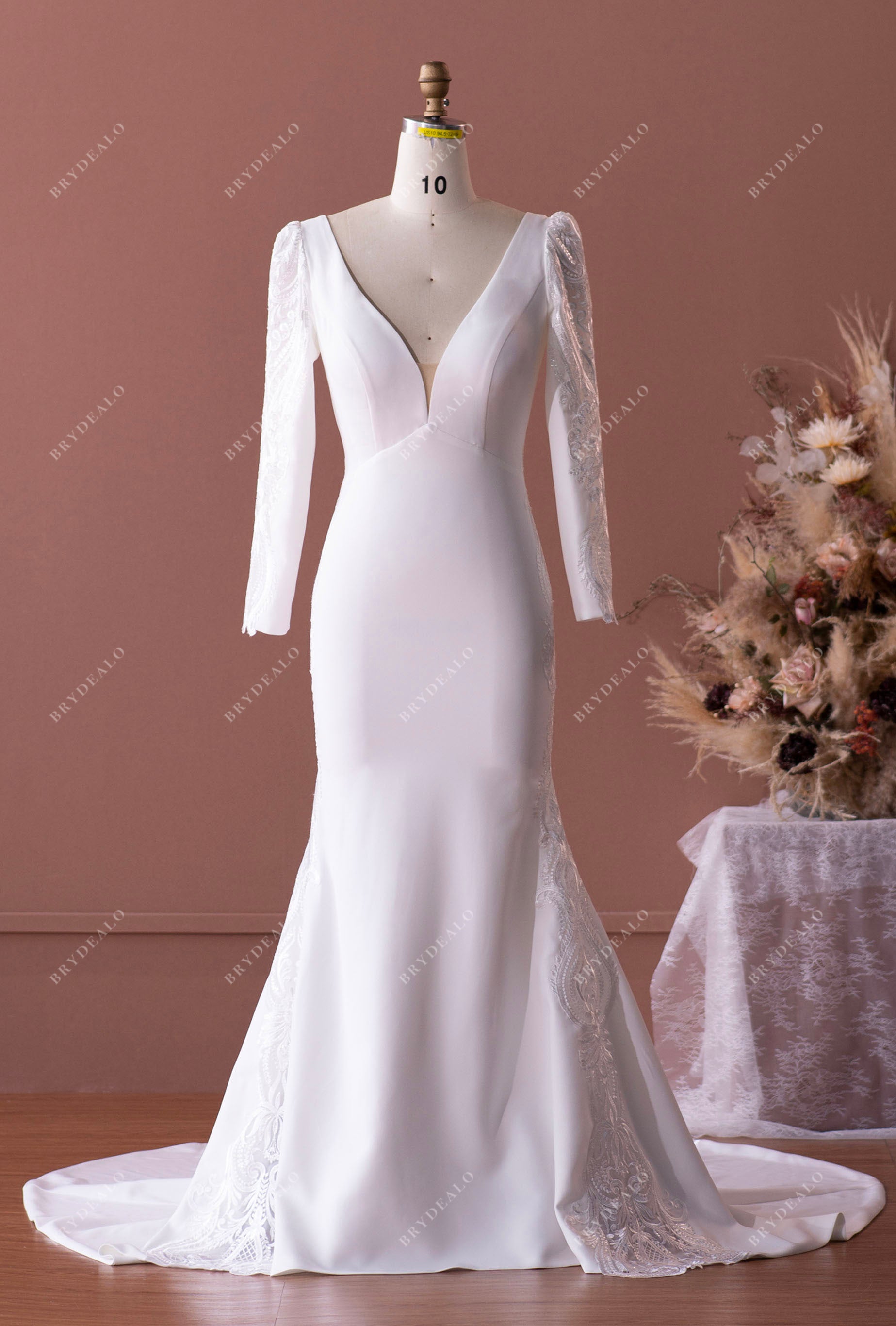 Elegant Crepe Lace Sleeved Mermaid Bridal Gown