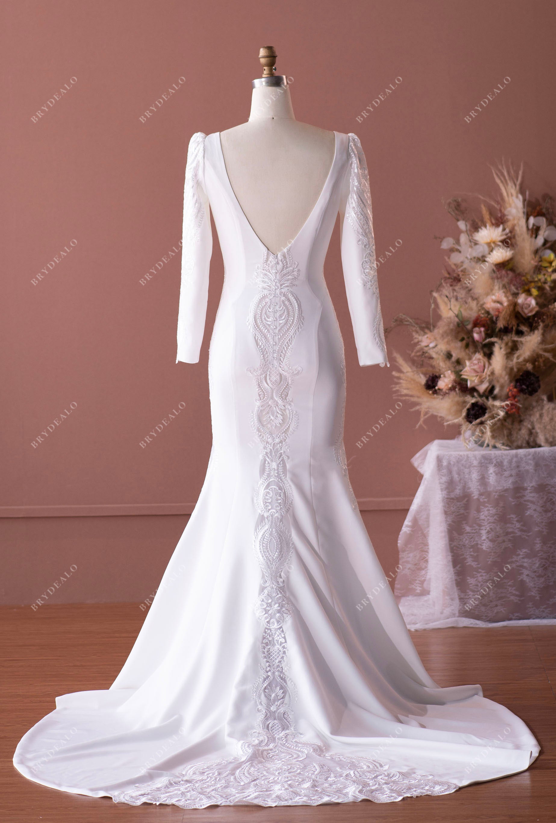Elegant Crepe Lace Sleeved Open Back Mermaid Bridal Gown