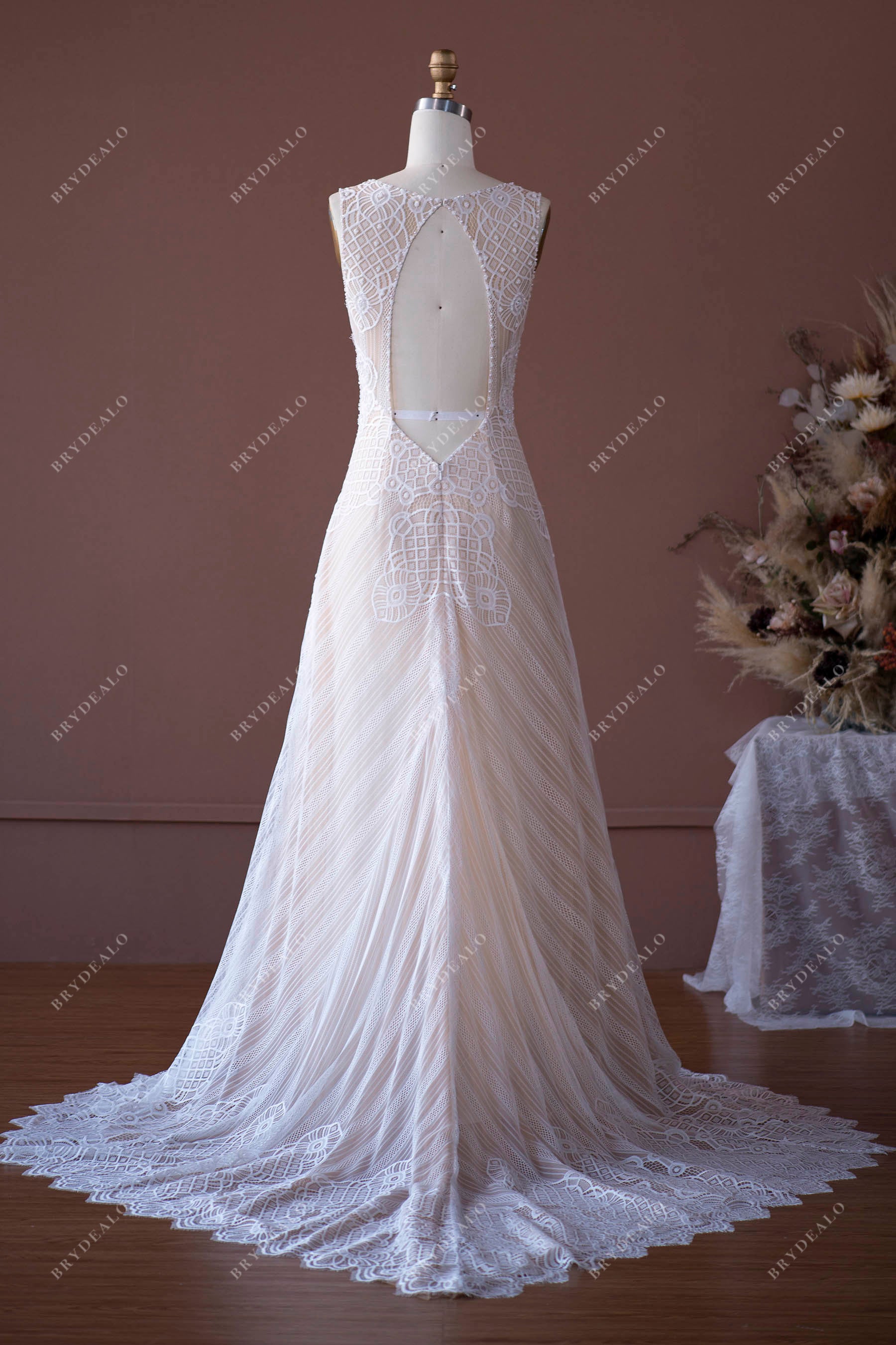 Pearls Lace Plunging Boho Wedding Dress