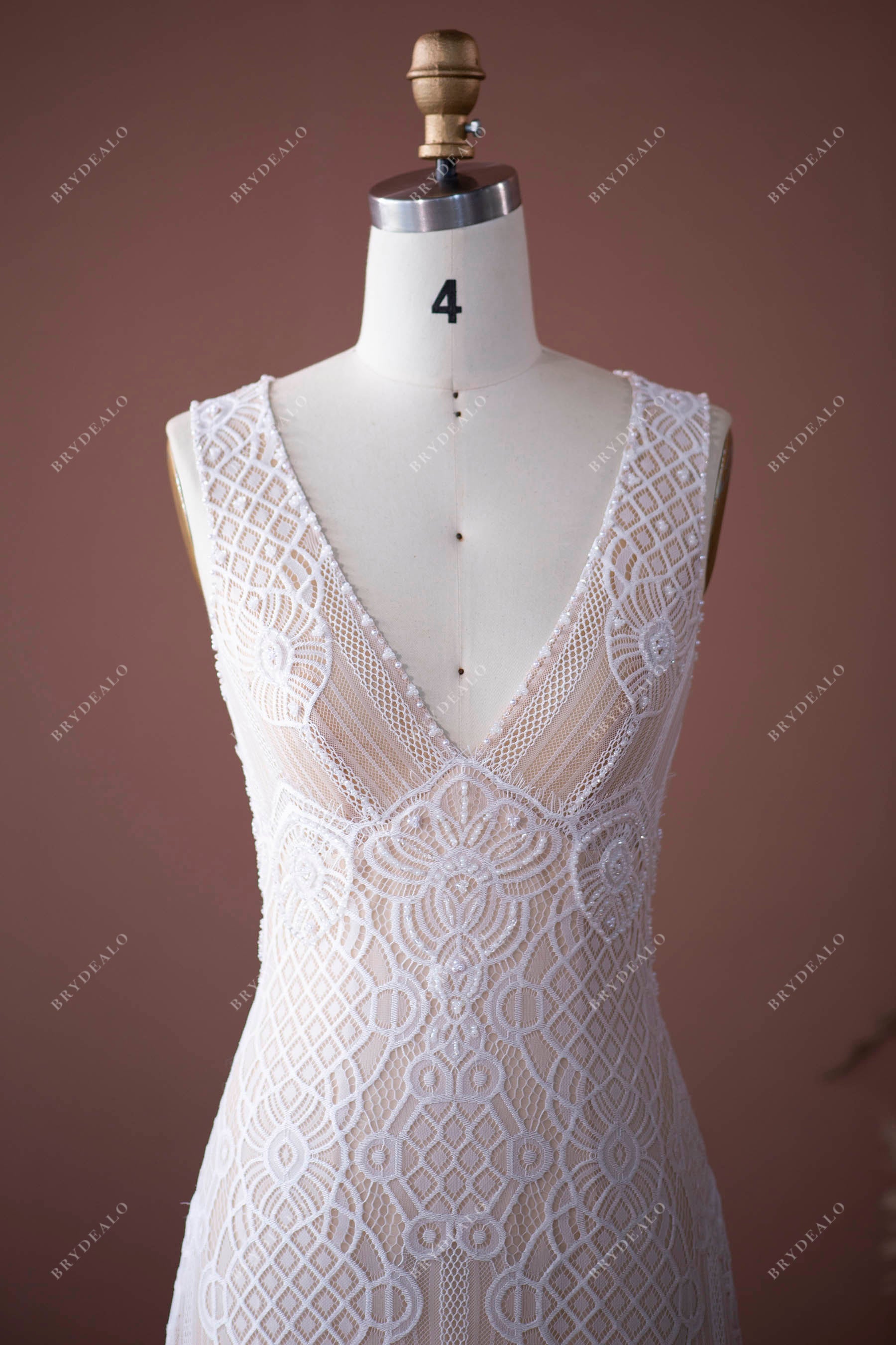 Sample Sale | Elegant Pearls Lace Plunging Boho Wedding Dress