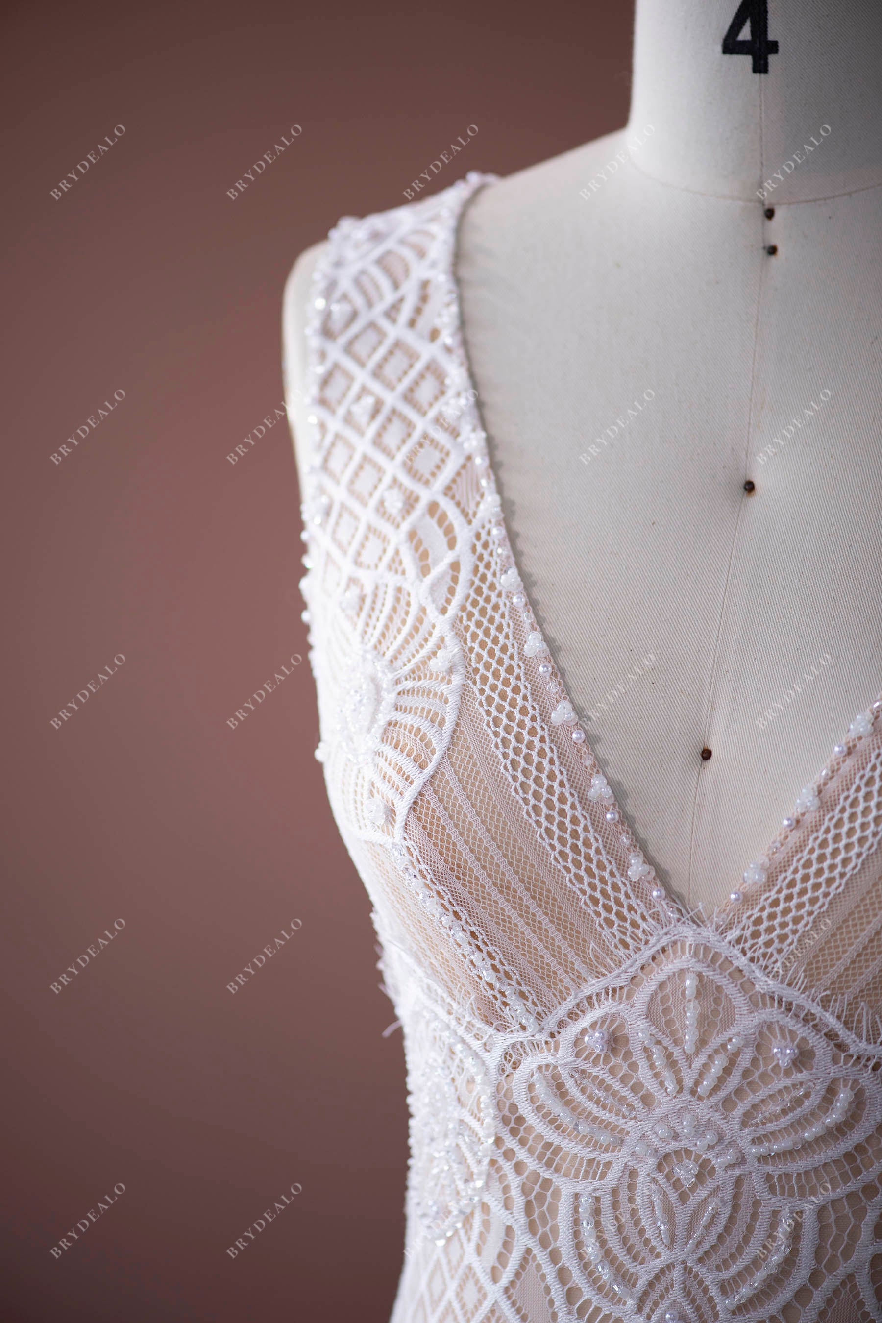 Elegant Pearls Lace Plunging Boho Wedding Dress for wholesale
