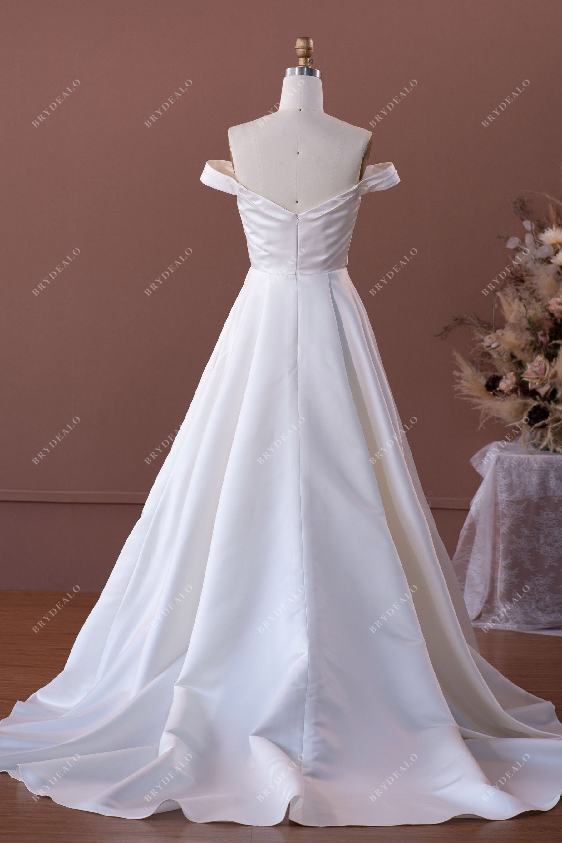 elegant satin off-shoulder long wedding gown