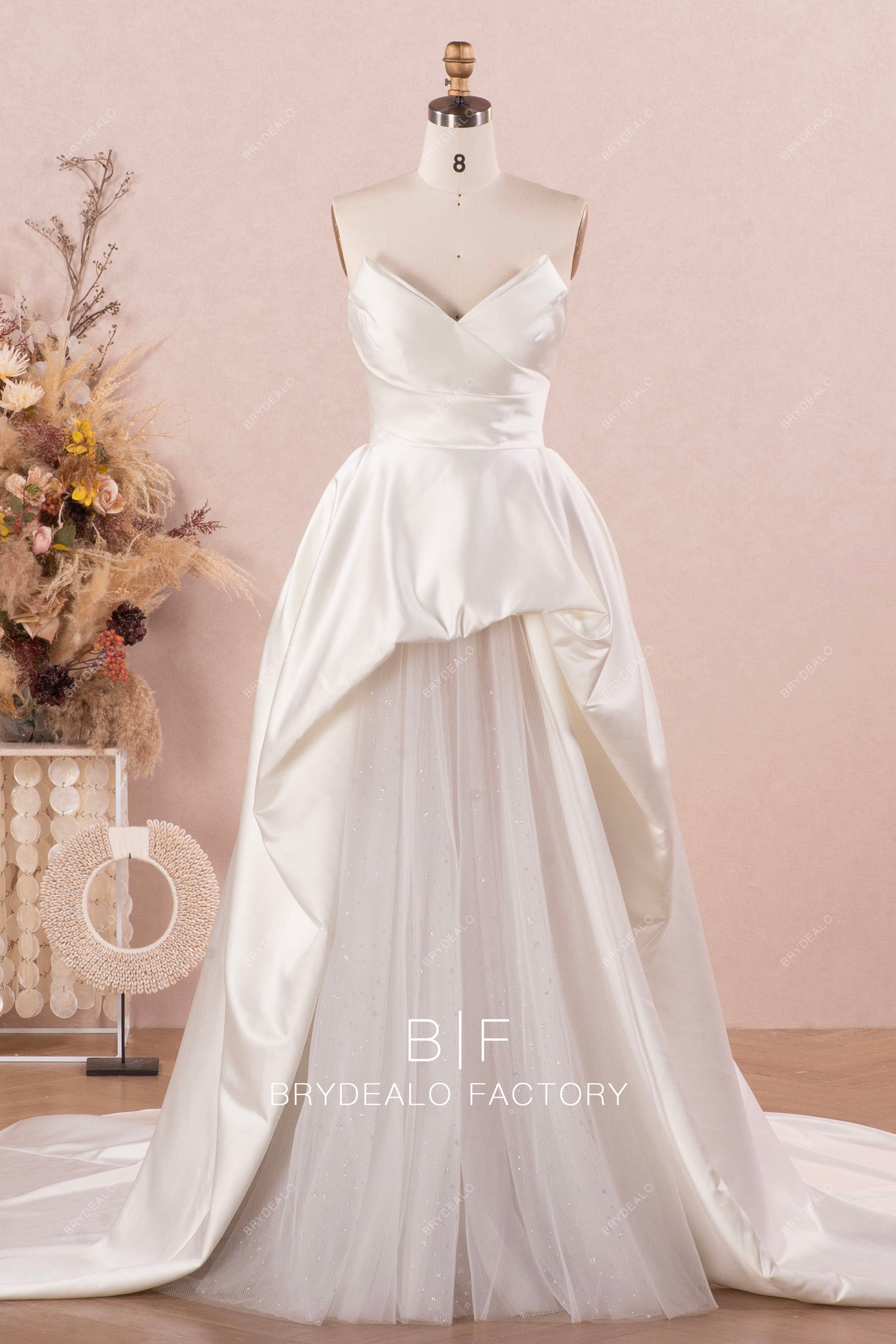 elegant strapless flounced shimmery wedding dress