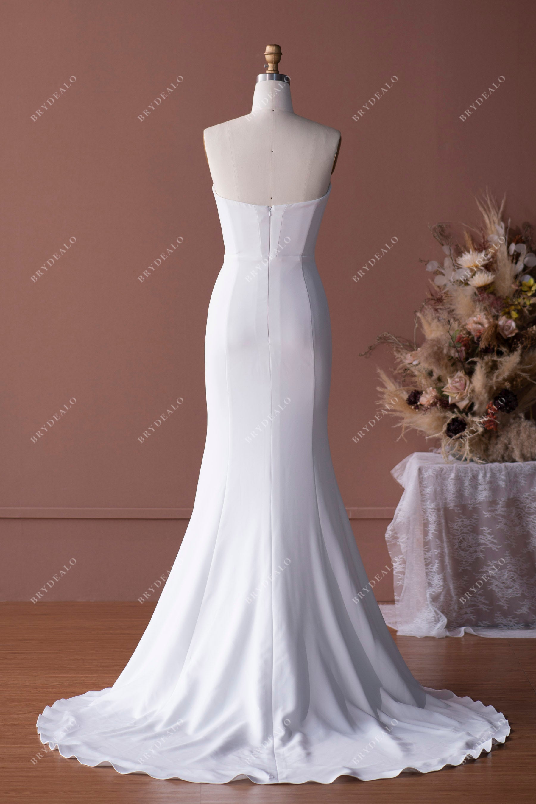 elegant strapless sweetheart crepe mermaid long wedding dress 