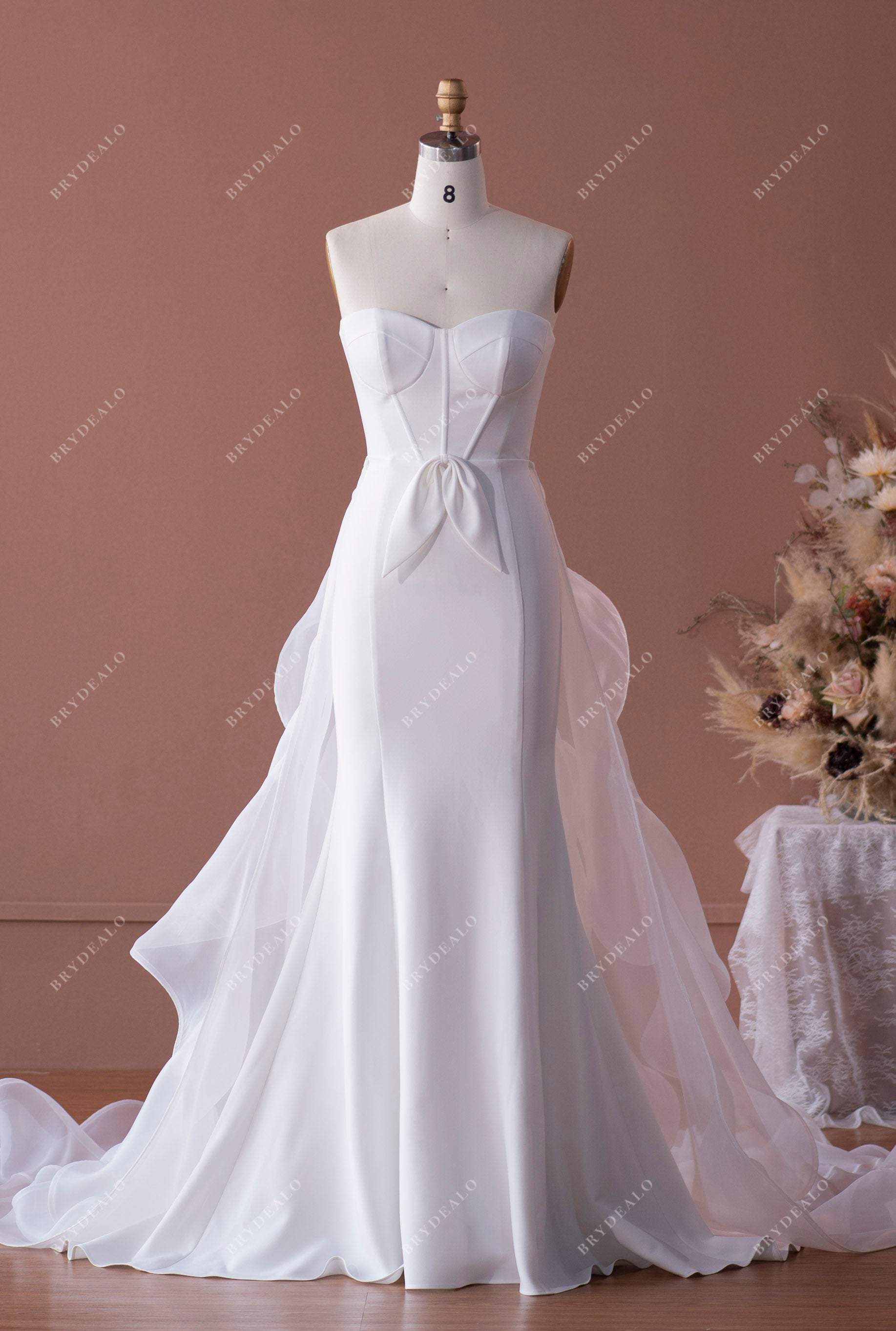 elegant strapless sweetheart crepe mermaid wedding dress sample with detachable organza overskirt