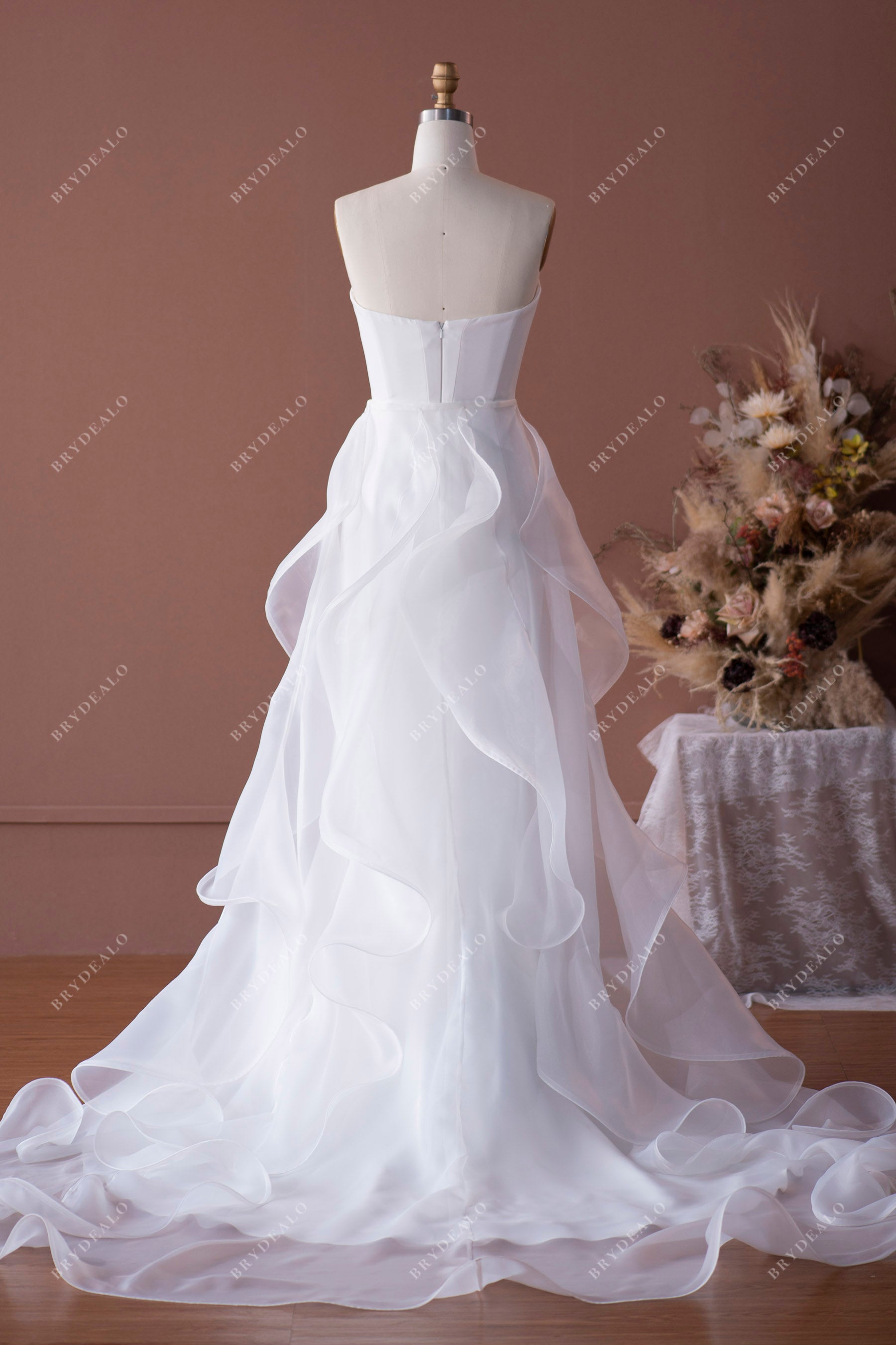 strapless sweetheart crepe mermaid wedding dress with ruffled organza overskirt