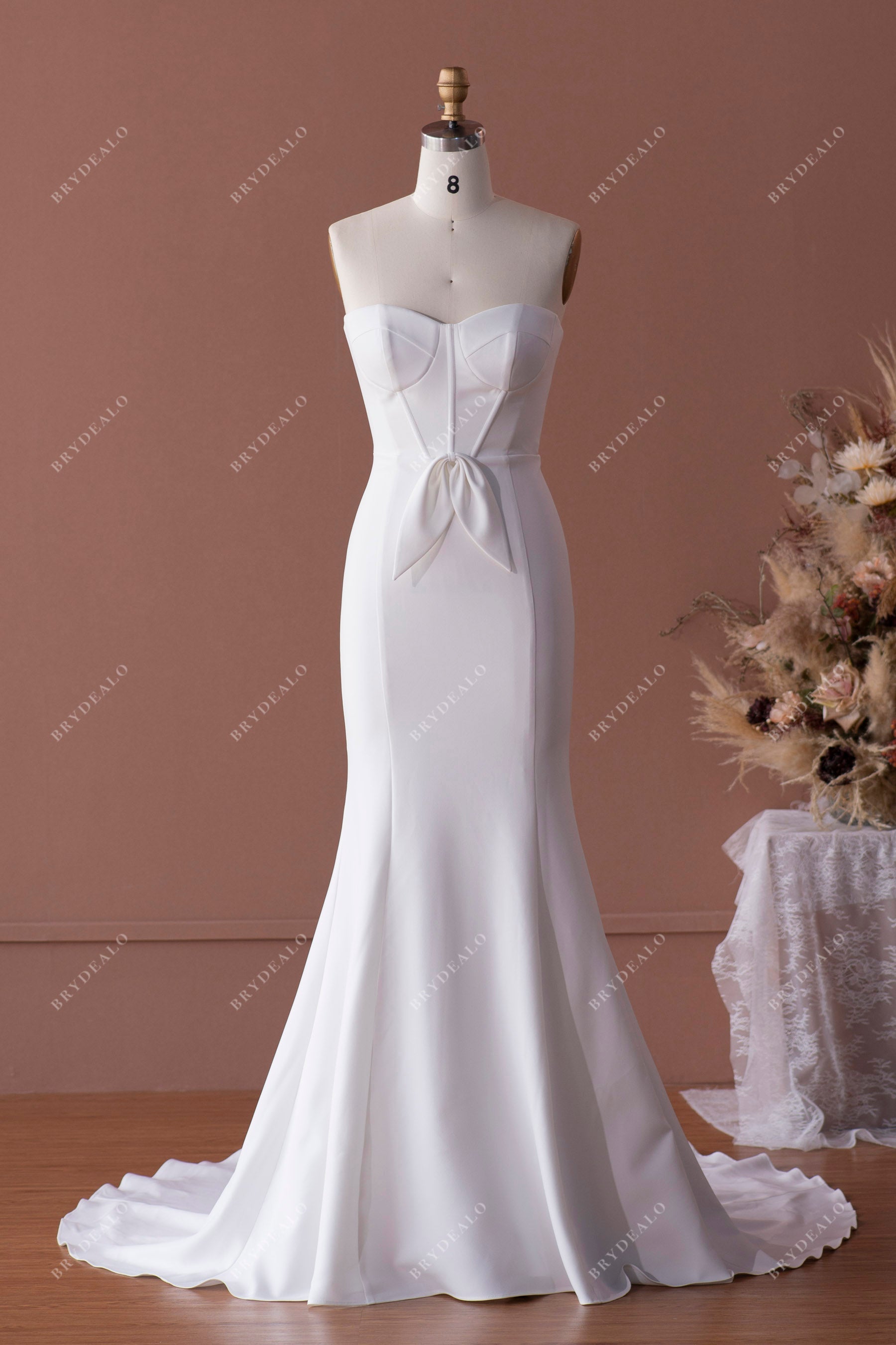 elegant strapless sweetheart crepe mermaid sample wedding dress 