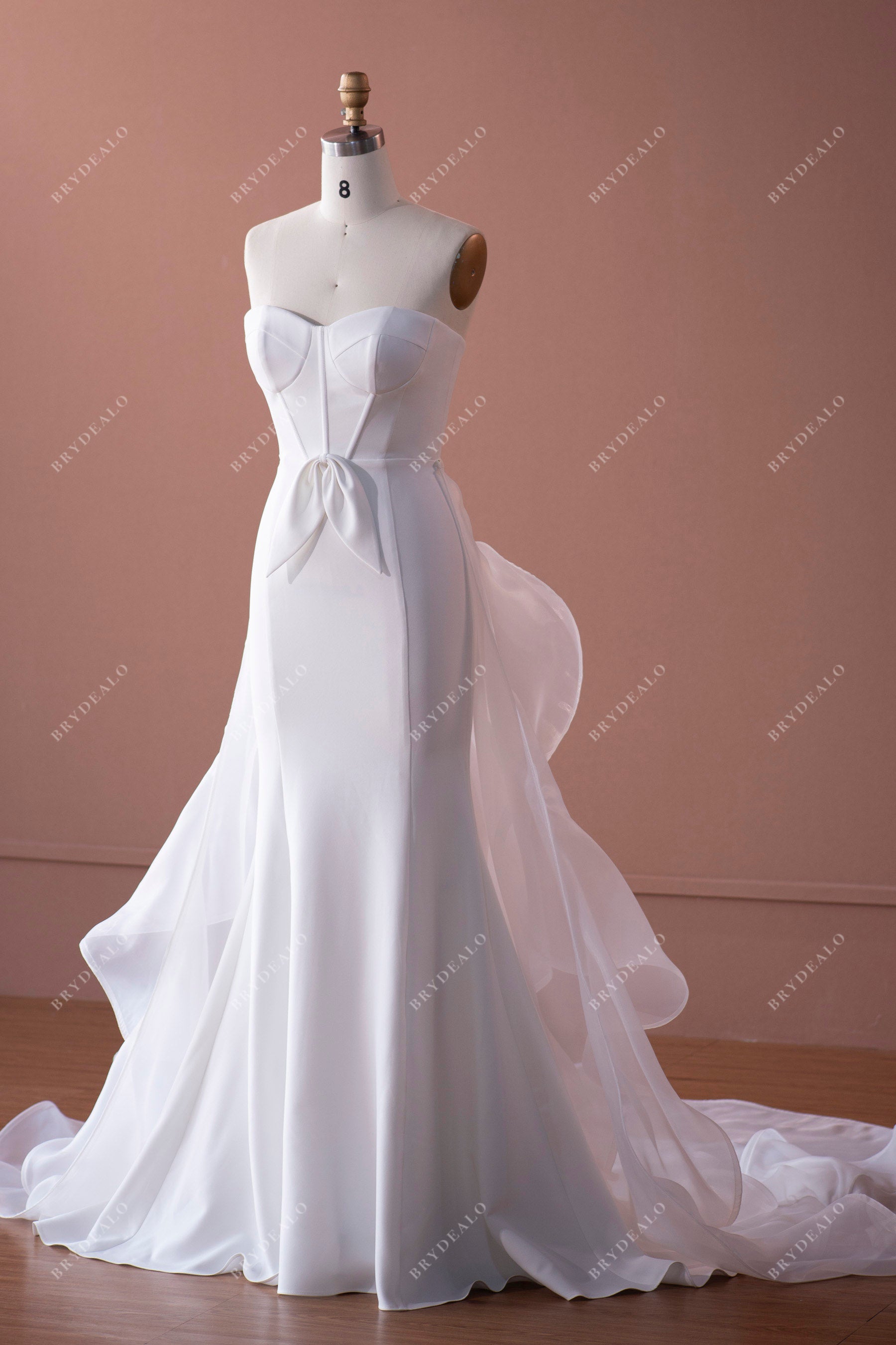 elegant sweetheart crepe mermaid wedding dress with detachable organza overskirt