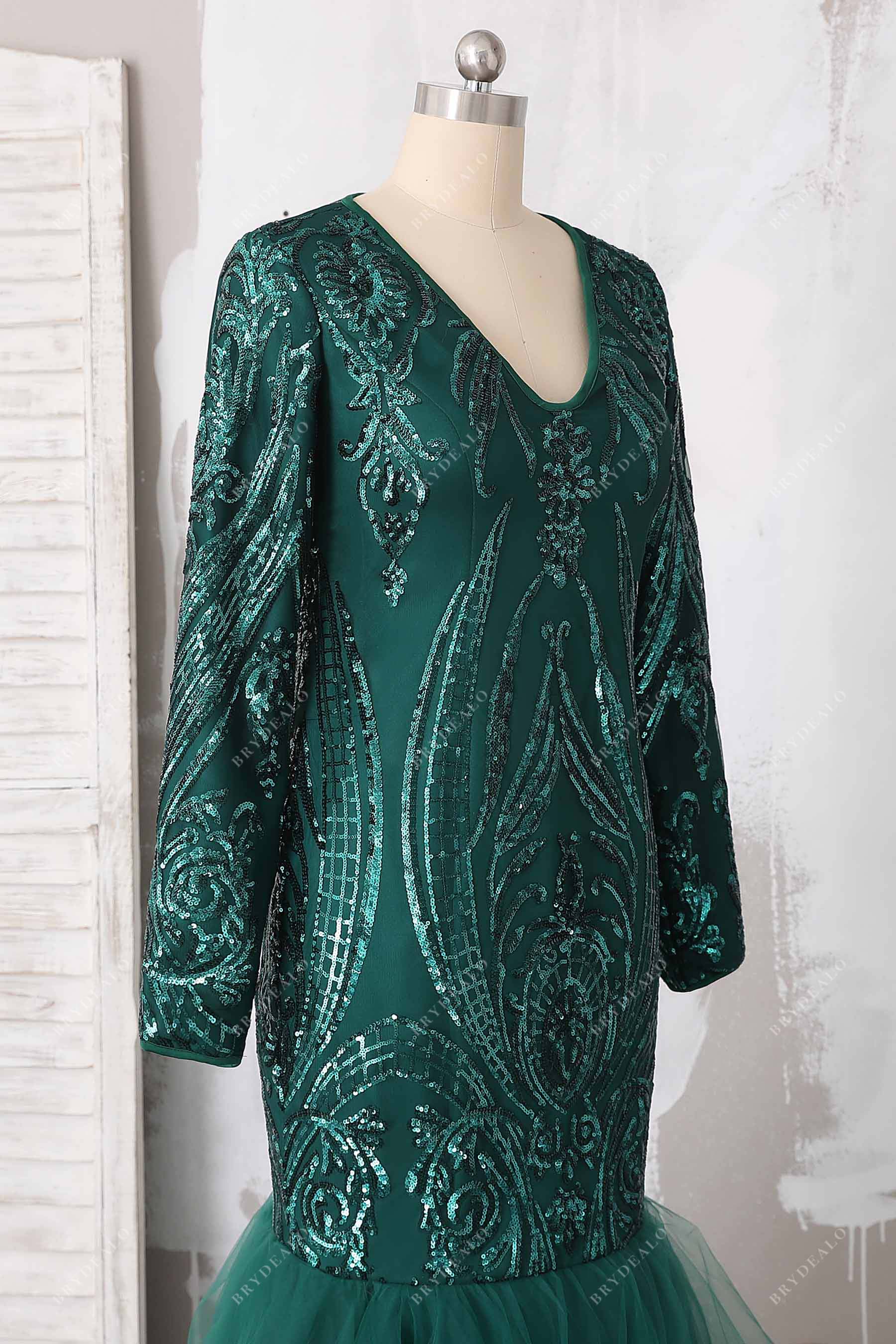 emerald embroidery sequin long sleeves prom gown