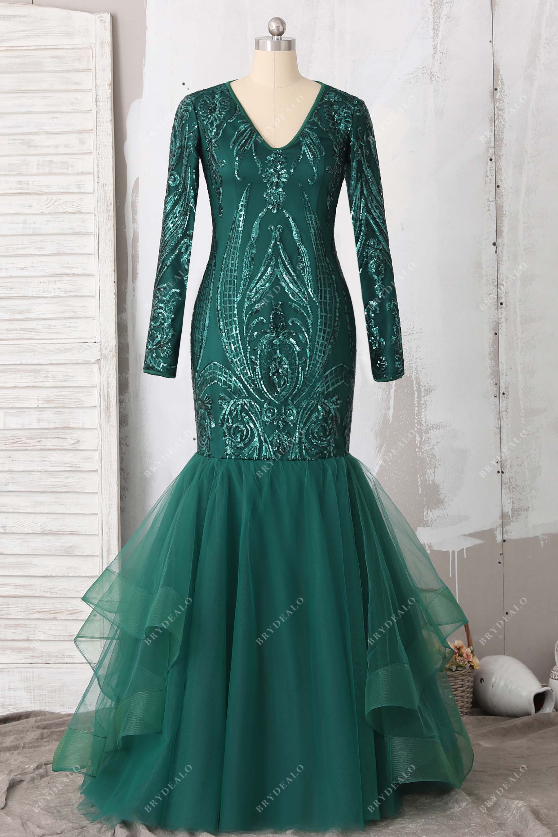 emerald green unique patterned sequin trumpet prom gown