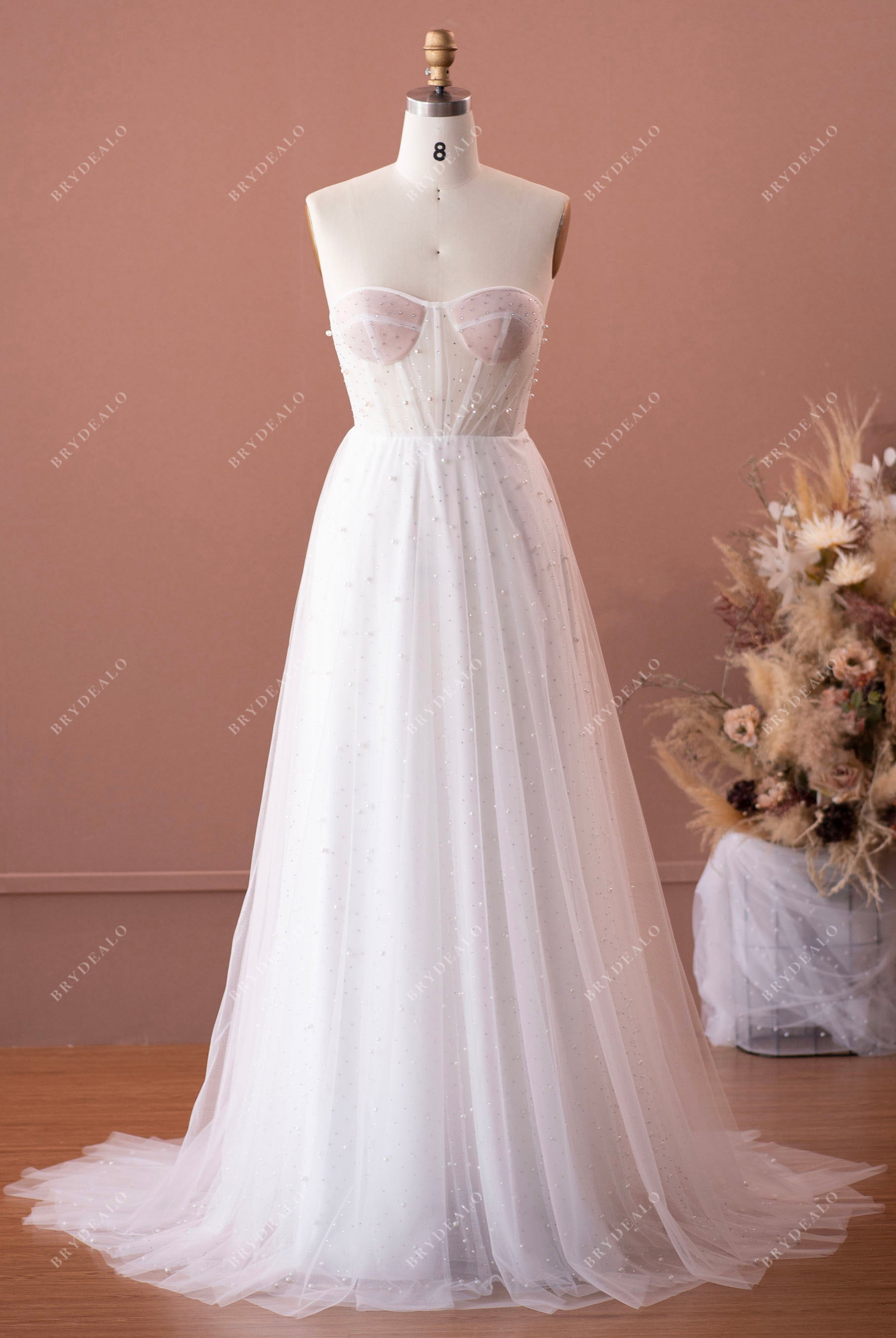 ethereal corset pearl beach wedding dress