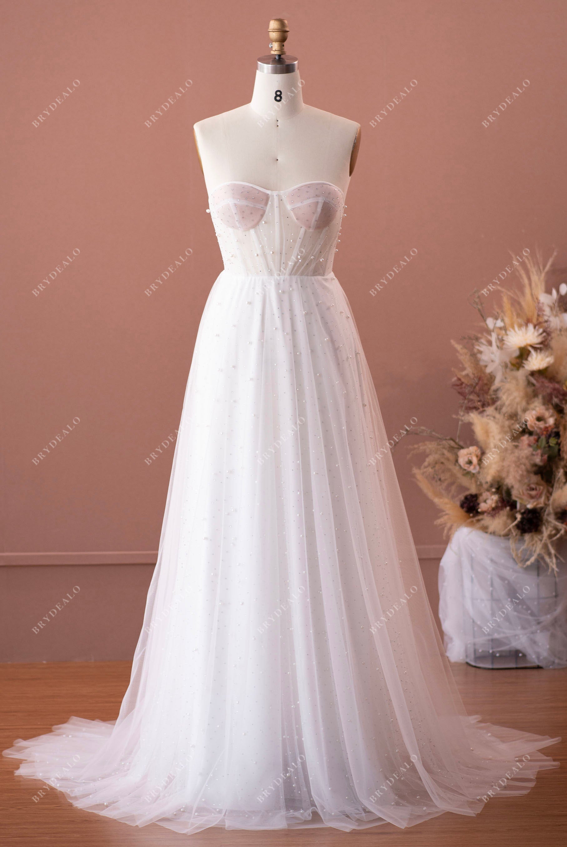 ethereal corset pearl beach wedding dress sample