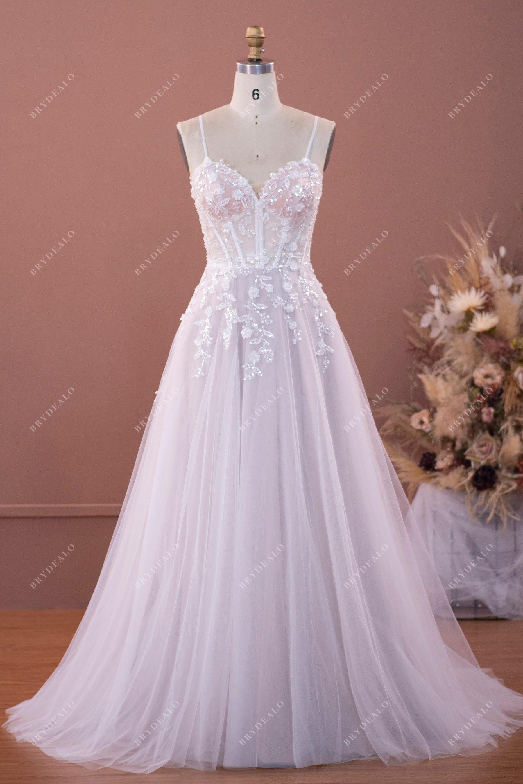 etheral corset straps sequined flower lace sweep train wedding dress