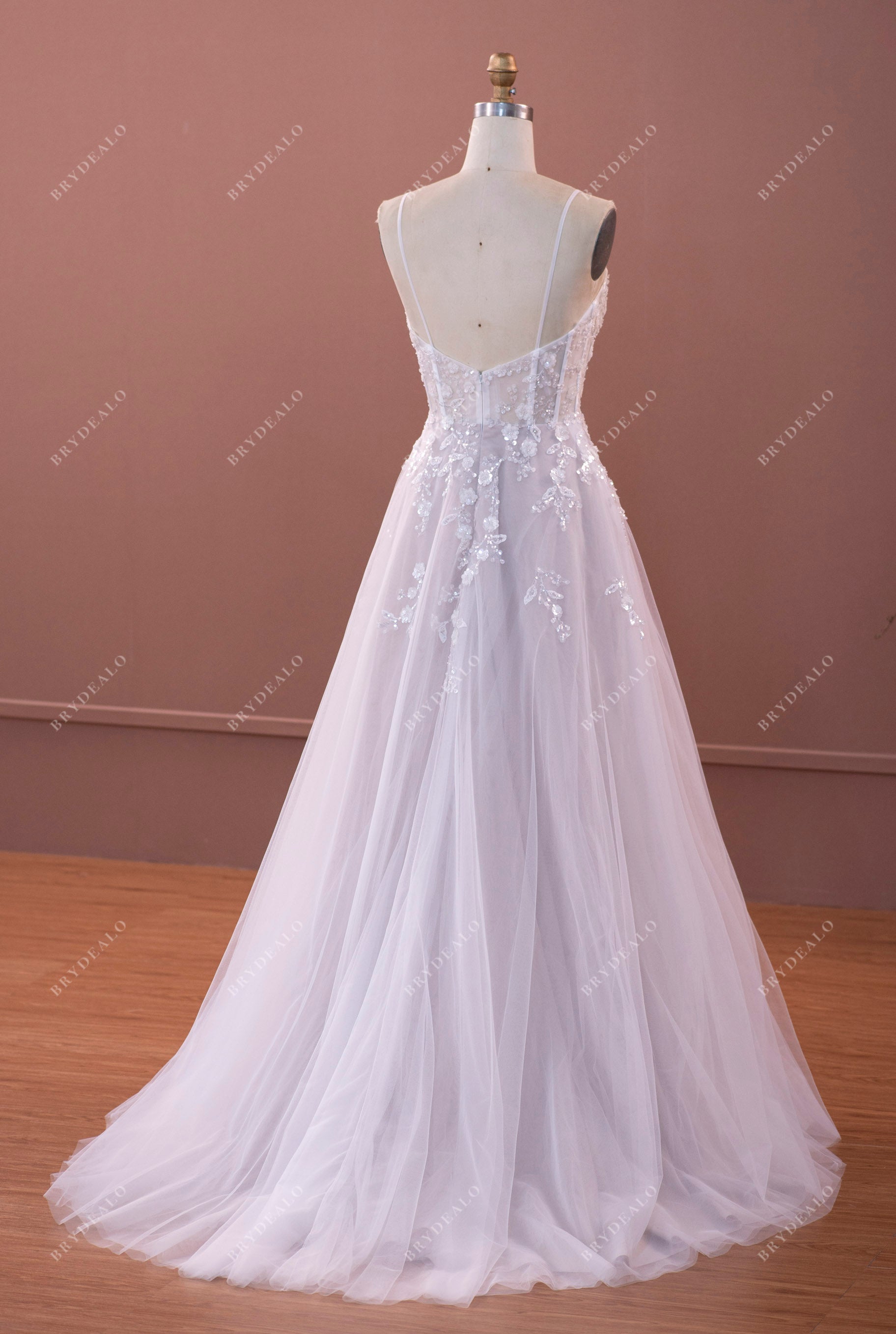ethereal corset straps sequined flower lace wedding gown
